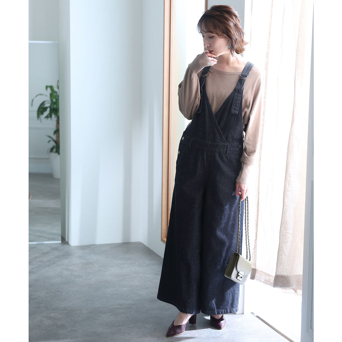 プールヴー PourVous カシュクールデニムサロペット