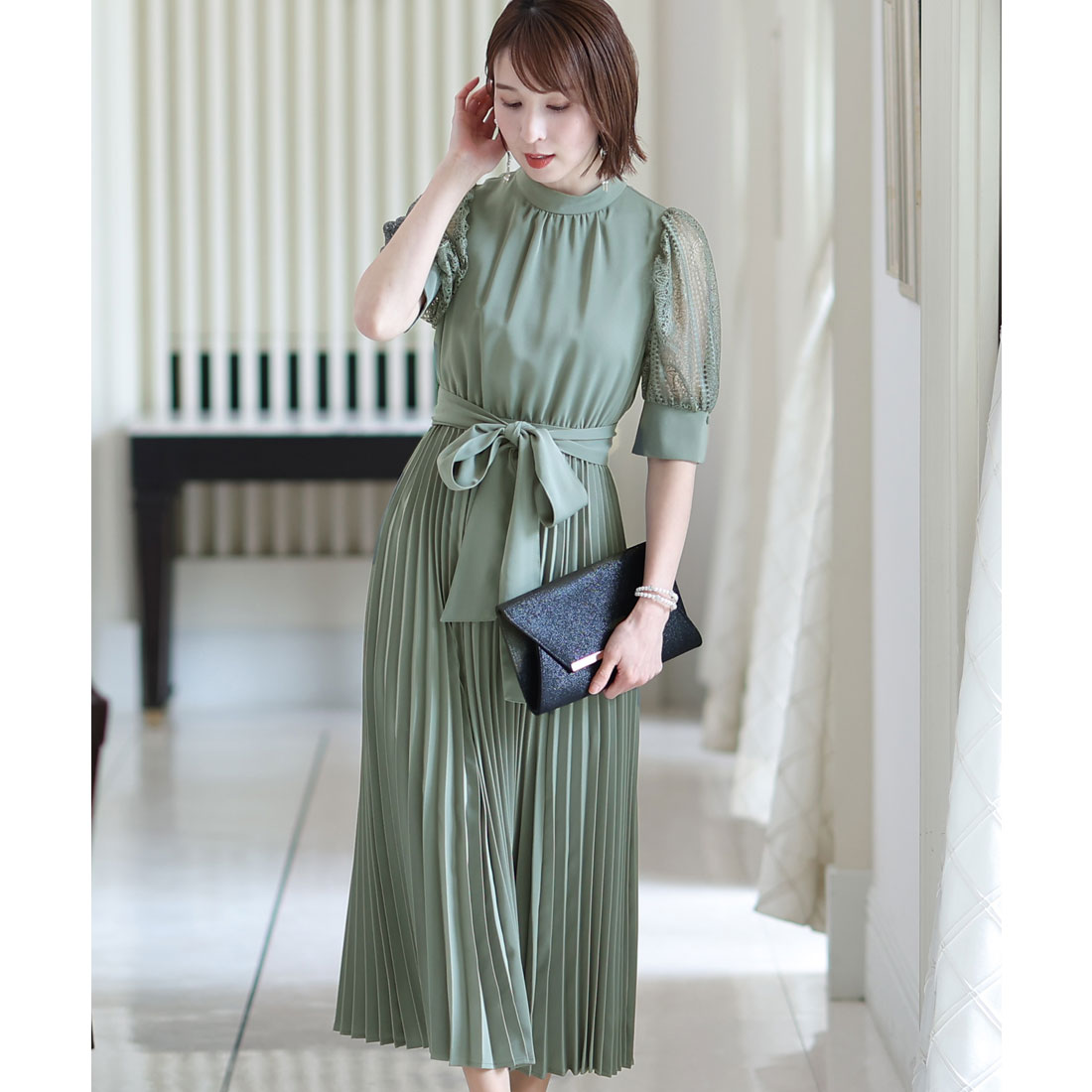 PourVous Mid-length &amp; Sleeved Formal Puff Sleeve Large Size Wedding Party Dress One Piece Dress for 20s, 30s, 40s