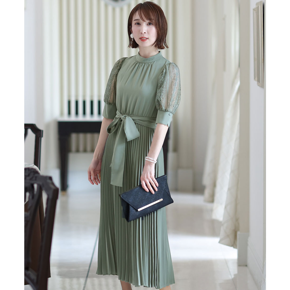 PourVous Mid-length &amp; Sleeved Formal Puff Sleeve Large Size Wedding Party Dress One Piece Dress for 20s, 30s, 40s