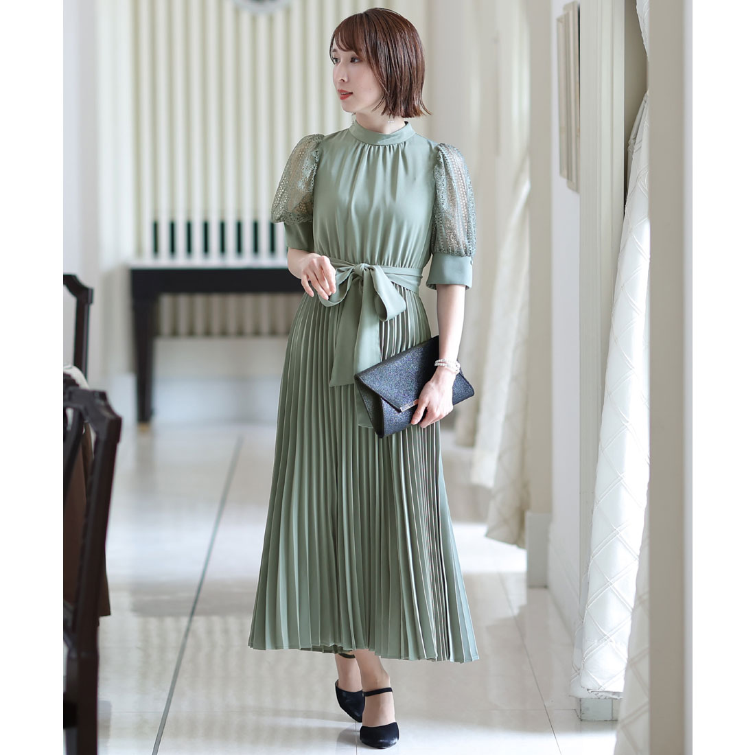 PourVous Mid-length &amp; Sleeved Formal Puff Sleeve Large Size Wedding Party Dress One Piece Dress for 20s, 30s, 40s