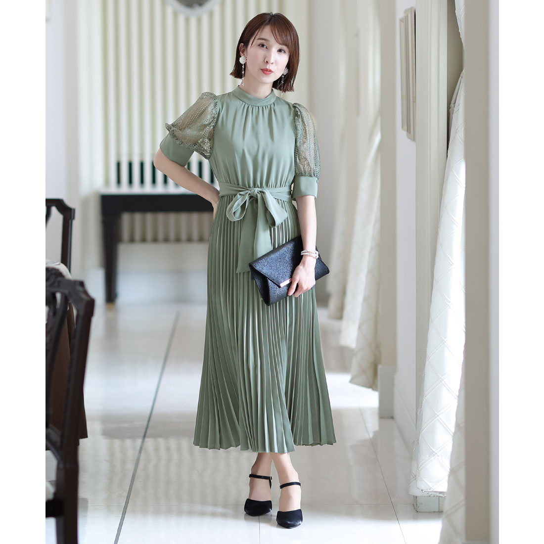 PourVous Mid-length &amp; Sleeved Formal Puff Sleeve Large Size Wedding Party Dress One Piece Dress for 20s, 30s, 40s