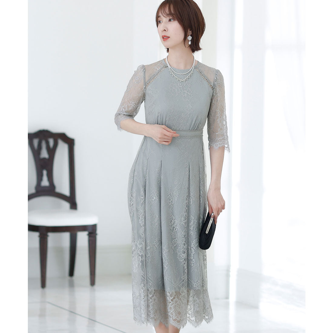 PourVous Wedding Party Dress, 3/4 Sleeves and Long Chemical Lace, Larg