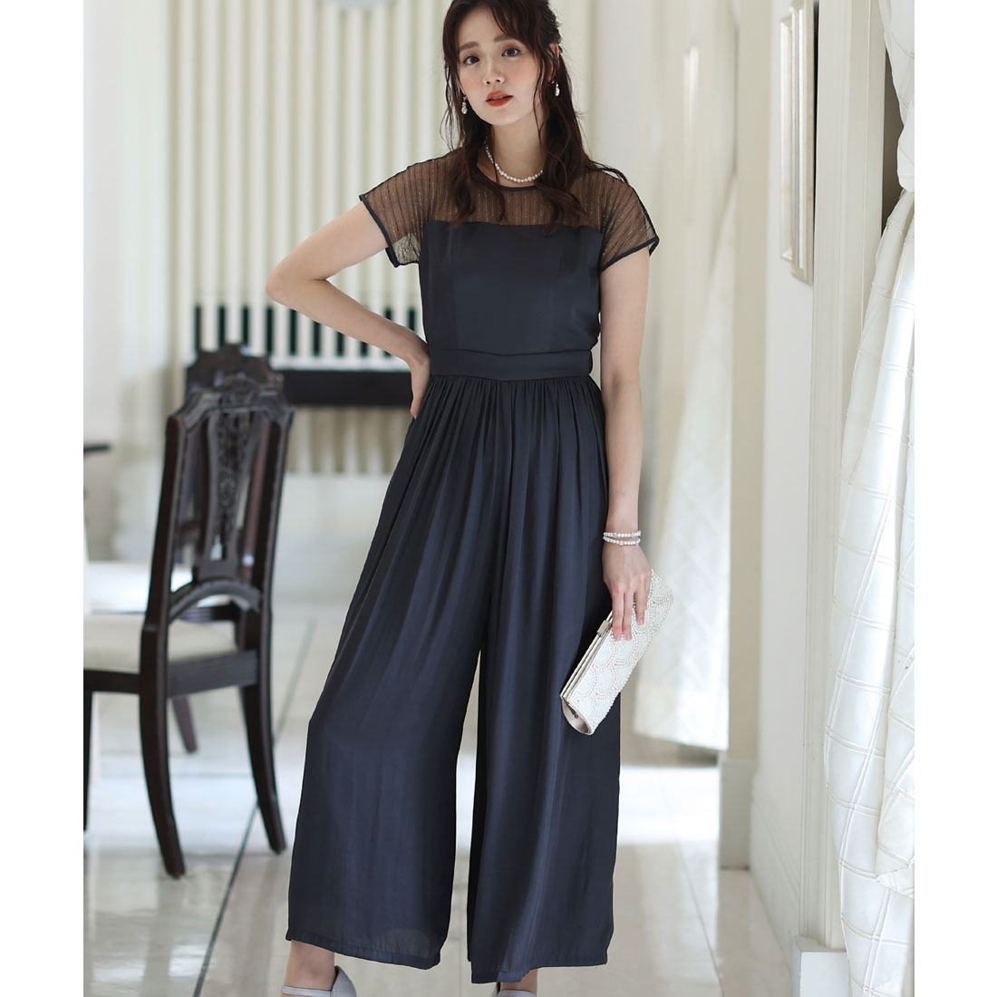 PourVous All-in-one Party Dress Wedding &amp; Wide Pants Vintage Satin Ceremony Formal Long Dress for 20s, 30s, 40s