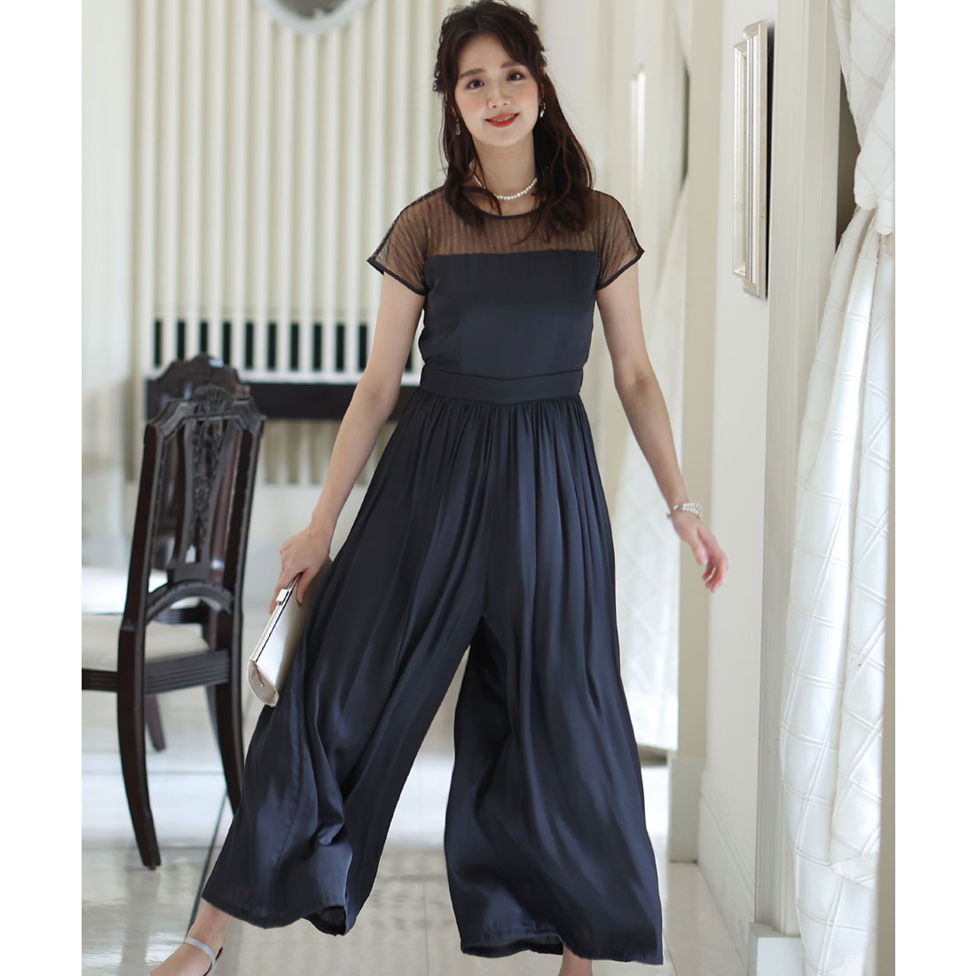 PourVous All-in-one Party Dress Wedding &amp; Wide Pants Vintage Satin Ceremony Formal Long Dress for 20s, 30s, 40s