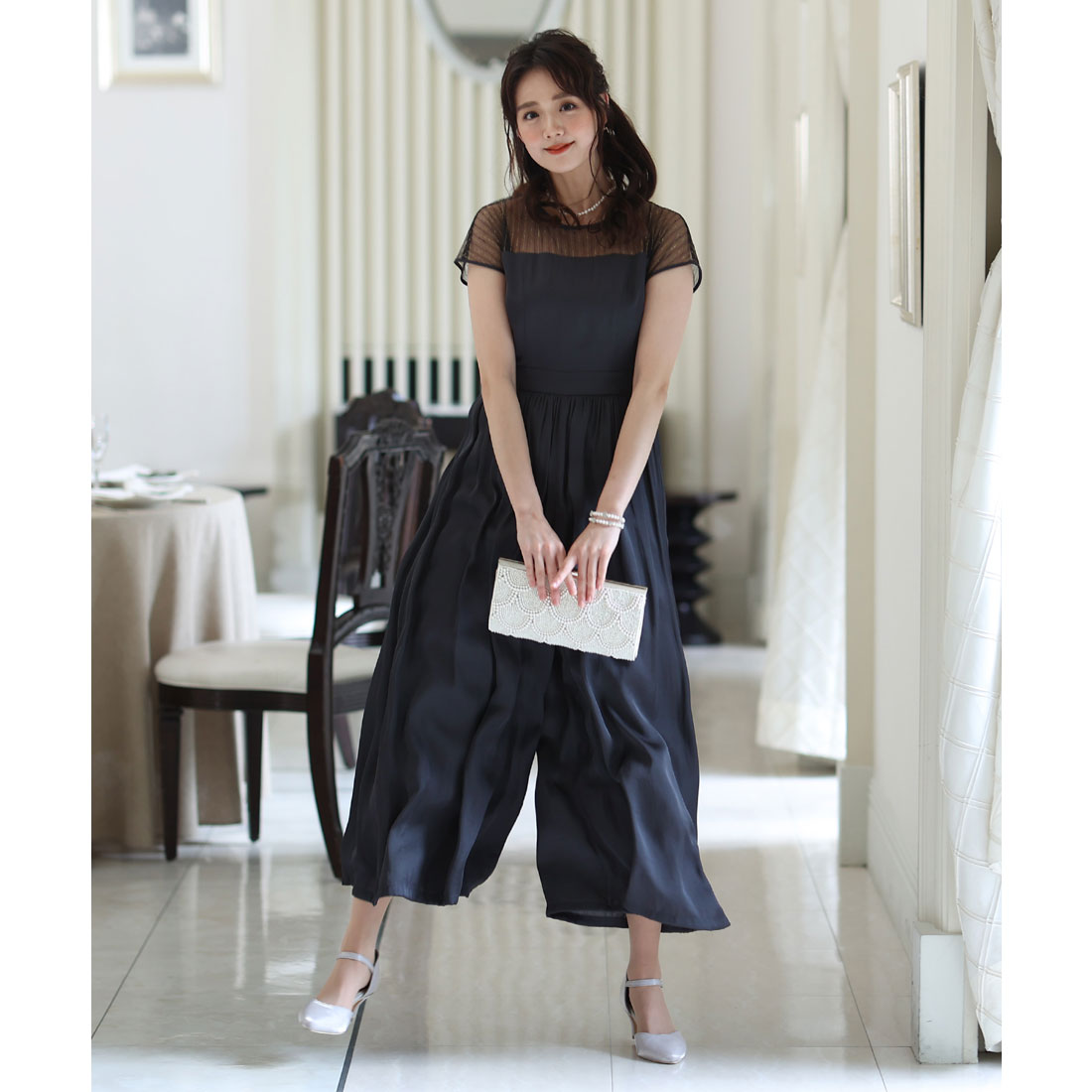PourVous All-in-one Party Dress Wedding &amp; Wide Pants Vintage Satin Ceremony Formal Long Dress for 20s, 30s, 40s