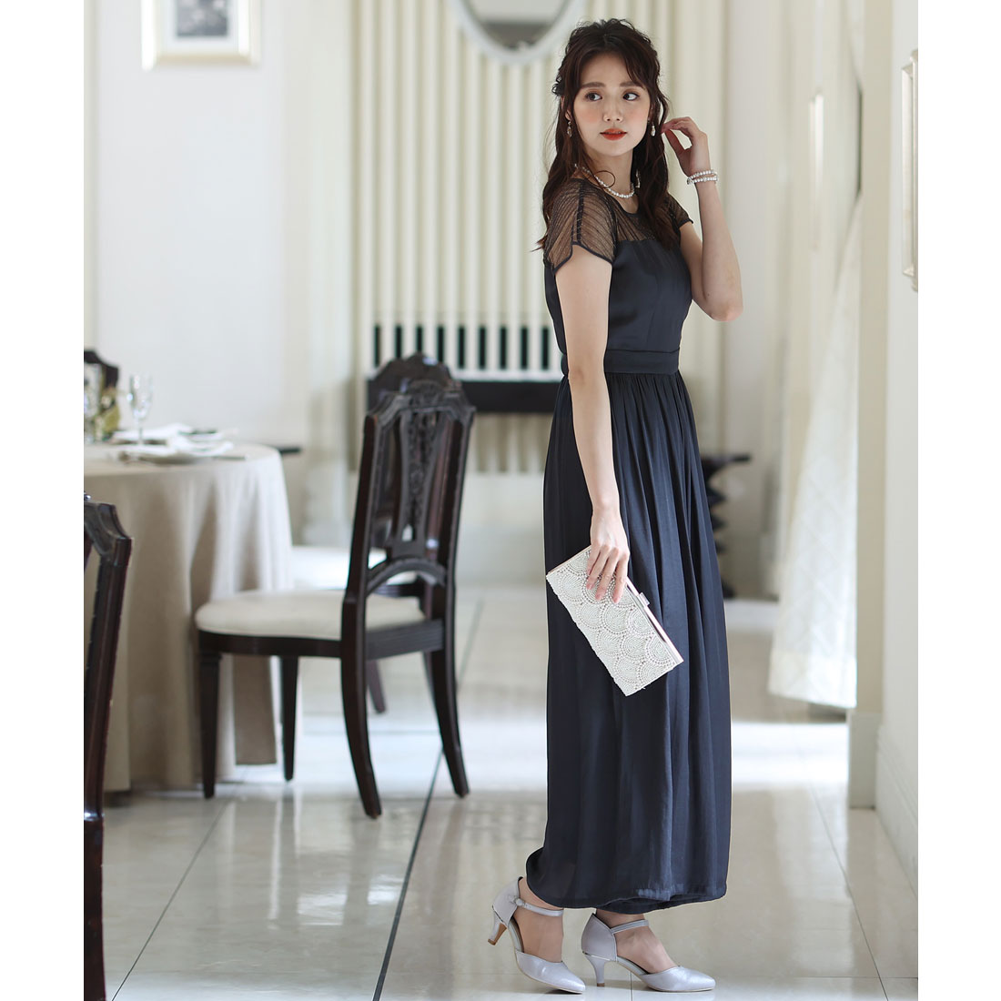 PourVous All-in-one Party Dress Wedding &amp; Wide Pants Vintage Satin Ceremony Formal Long Dress for 20s, 30s, 40s