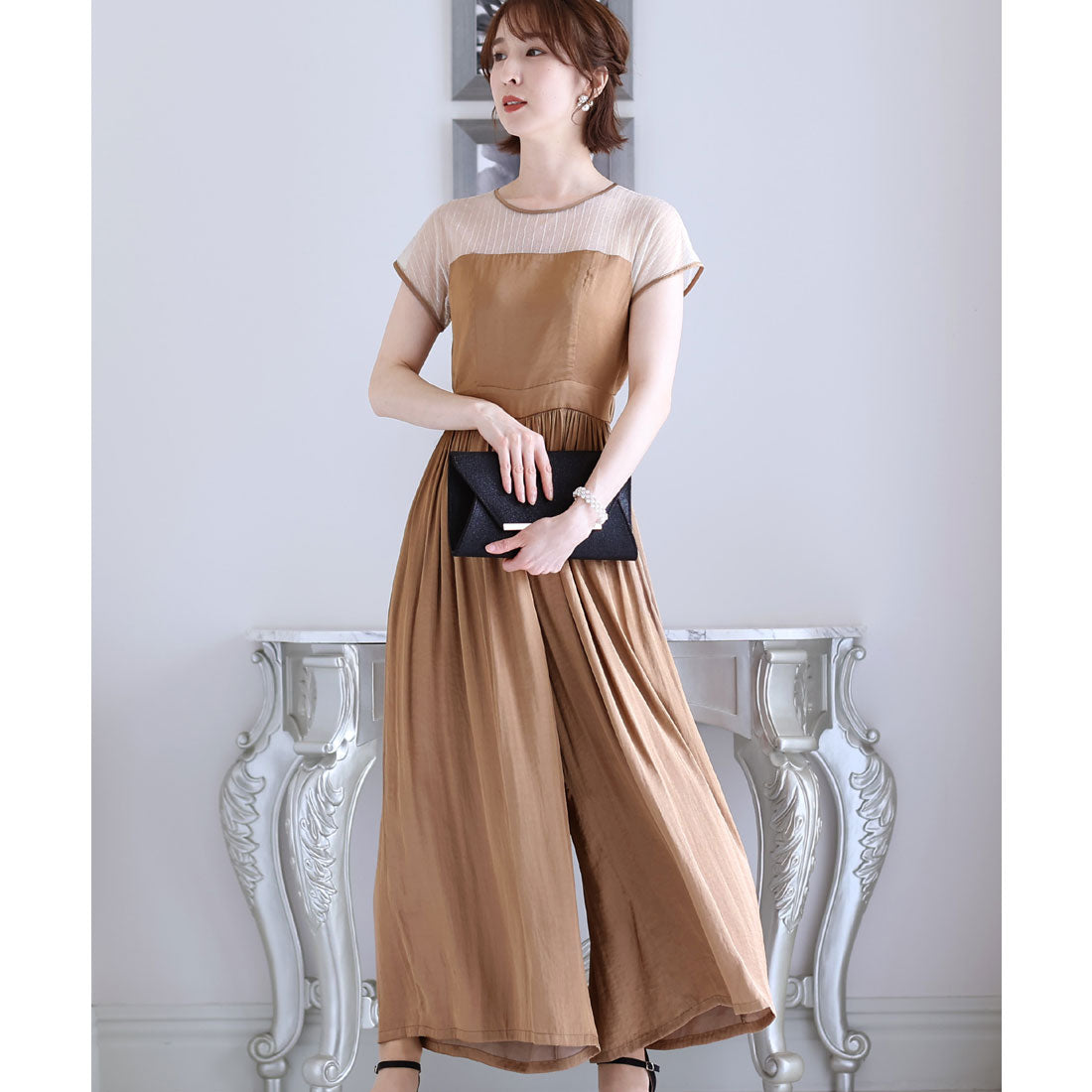 PourVous All-in-one Party Dress Wedding &amp; Wide Pants Vintage Satin Ceremony Formal Long Dress for 20s, 30s, 40s