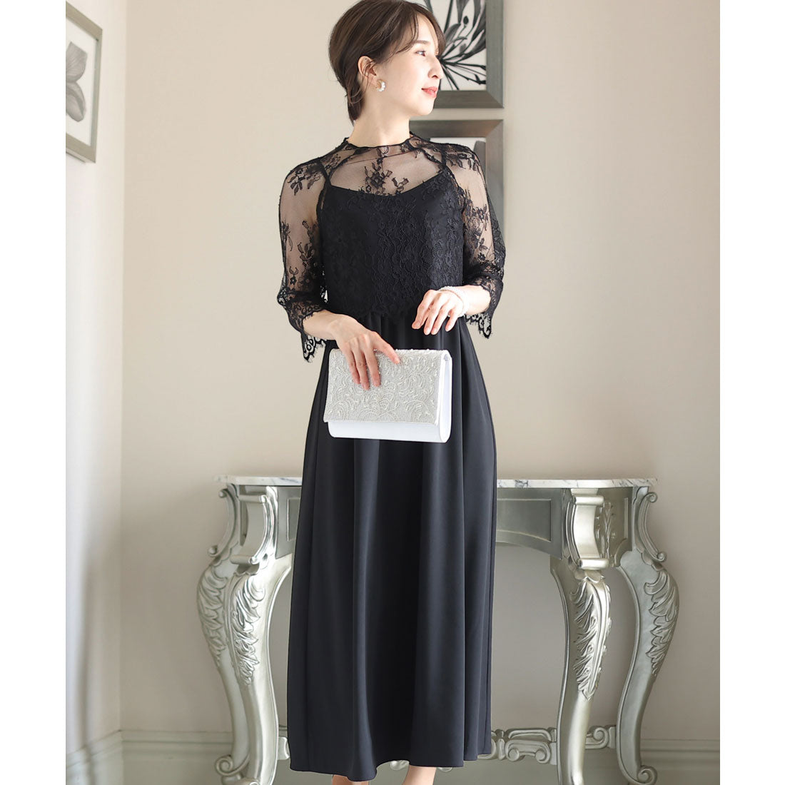 PourVous Mid-length &amp; 3/4 sleeve formal lace blouse with ceremonial wedding party dress One piece dress For 20s, 30s, 40s