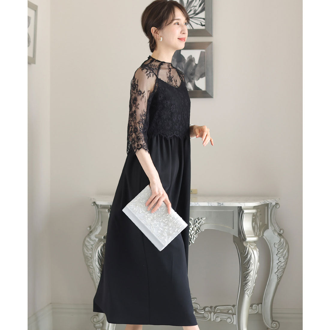 PourVous Mid-length &amp; 3/4 sleeve formal lace blouse with ceremonial wedding party dress One piece dress For 20s, 30s, 40s