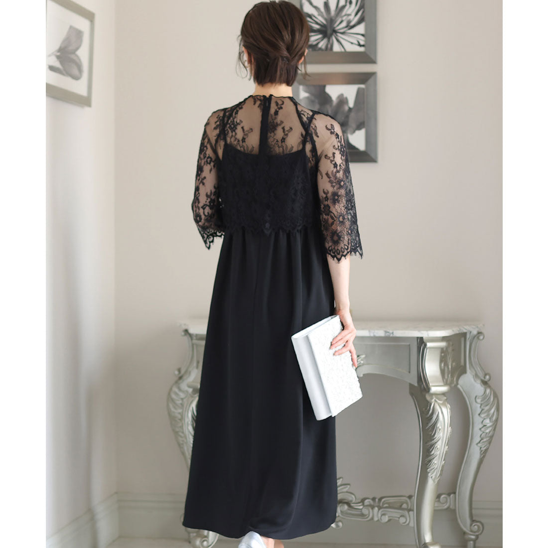 PourVous Mid-length &amp; 3/4 sleeve formal lace blouse with ceremonial wedding party dress One piece dress For 20s, 30s, 40s