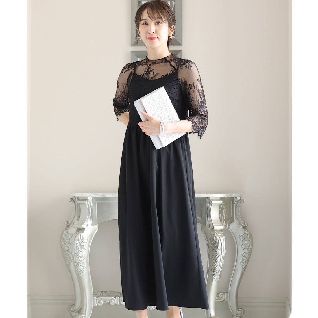 PourVous Mid-length &amp; 3/4 sleeve formal lace blouse with ceremonial wedding party dress One piece dress For 20s, 30s, 40s