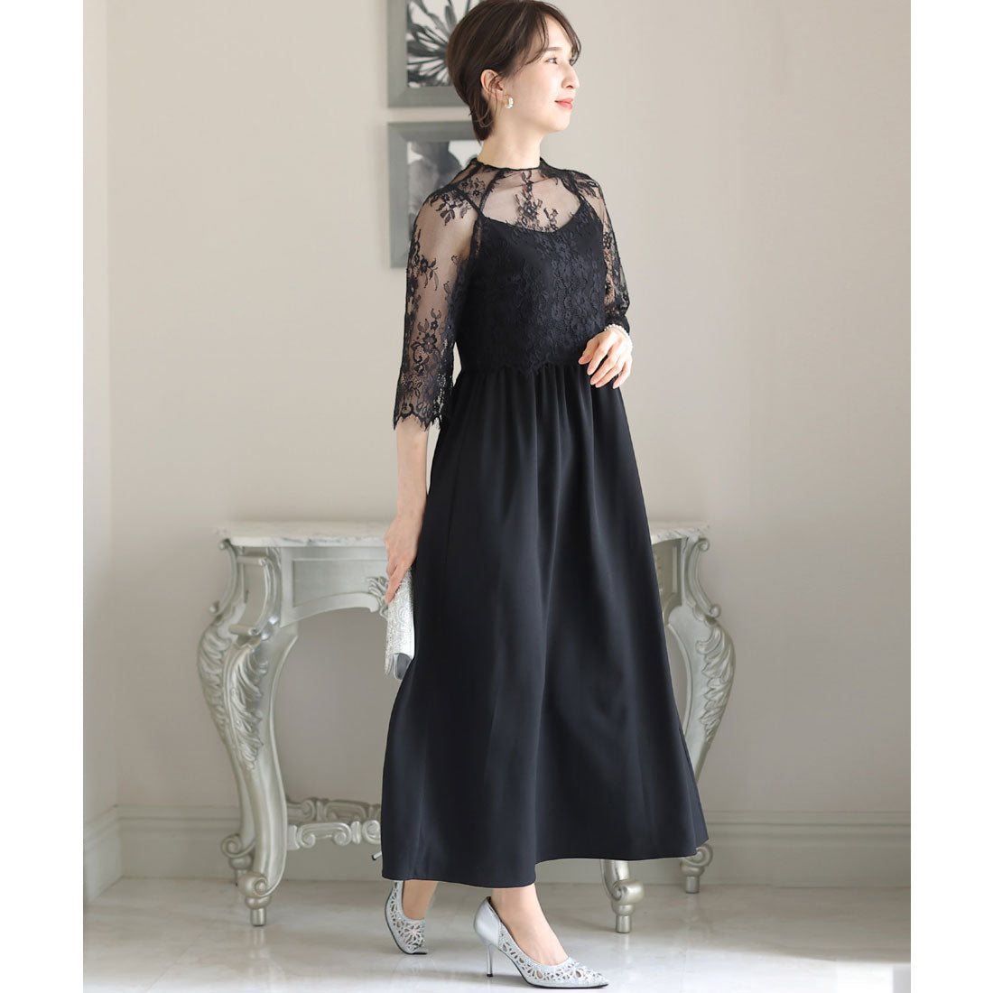 PourVous Mid-length &amp; 3/4 sleeve formal lace blouse with ceremonial wedding party dress One piece dress For 20s, 30s, 40s