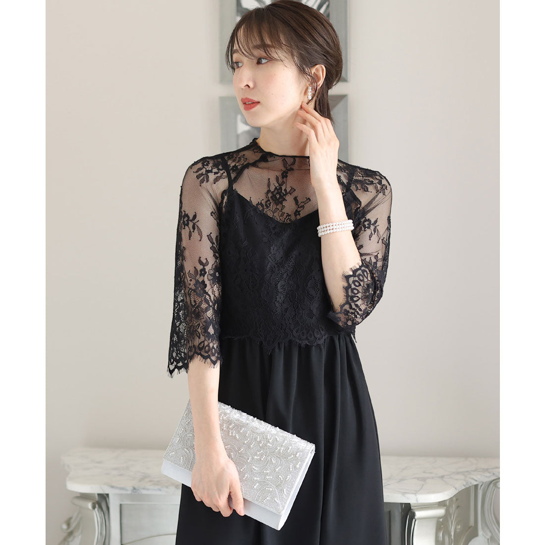PourVous Mid-length &amp; 3/4 sleeve formal lace blouse with ceremonial wedding party dress One piece dress For 20s, 30s, 40s