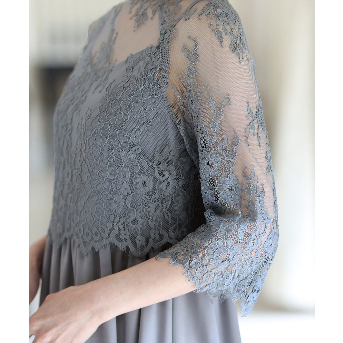 PourVous Mid-length &amp; 3/4 sleeve formal lace blouse with ceremonial wedding party dress One piece dress For 20s, 30s, 40s