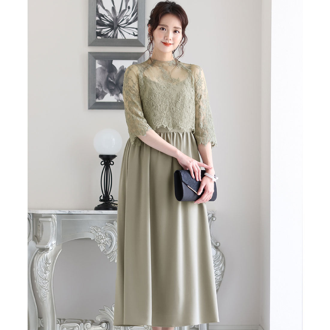 PourVous Mid-length &amp; 3/4 sleeve formal lace blouse with ceremonial wedding party dress One piece dress For 20s, 30s, 40s