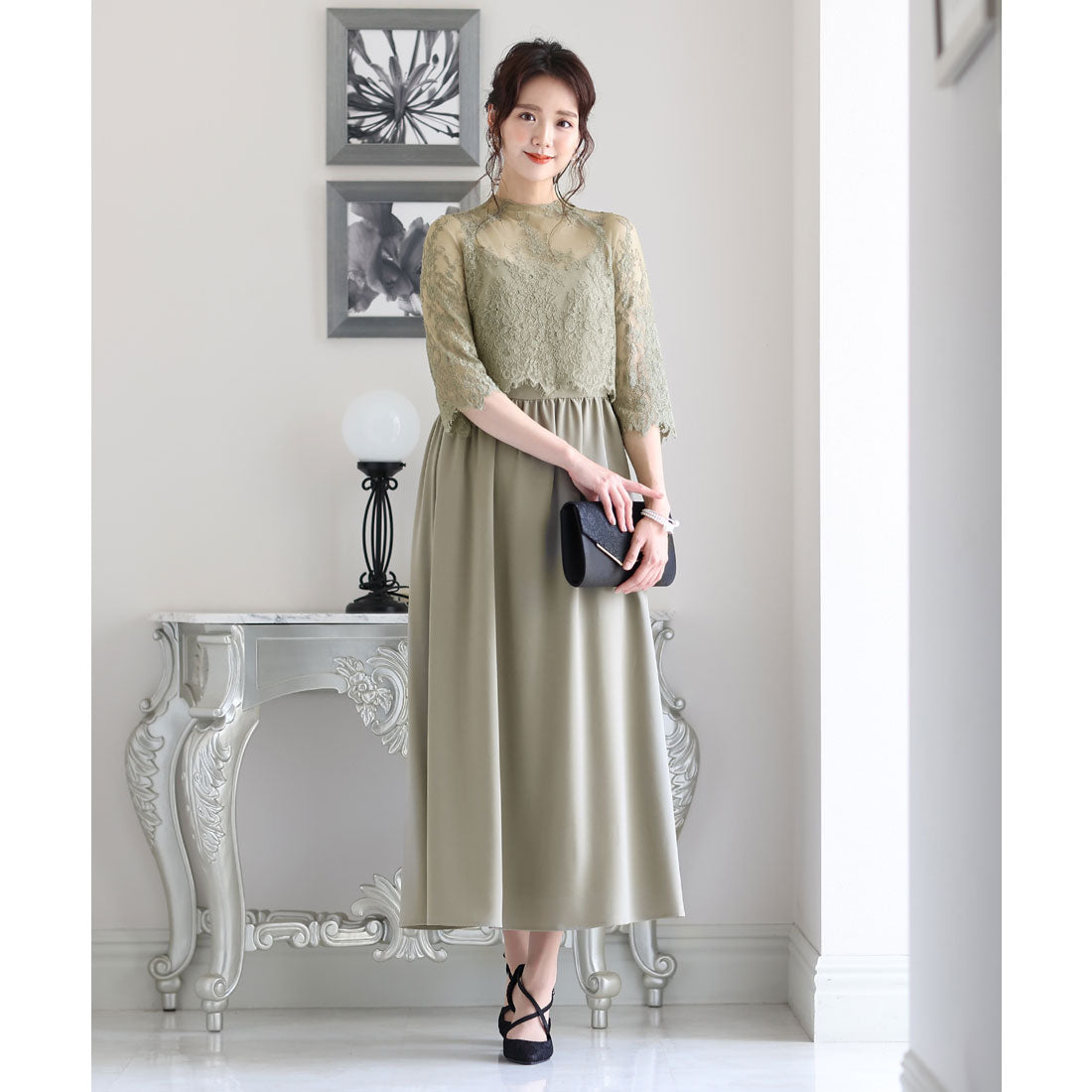 PourVous Mid-length &amp; 3/4 sleeve formal lace blouse with ceremonial wedding party dress One piece dress For 20s, 30s, 40s