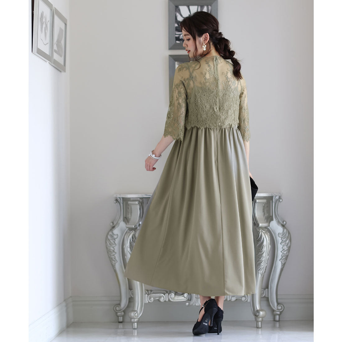 PourVous Mid-length &amp; 3/4 sleeve formal lace blouse with ceremonial wedding party dress One piece dress For 20s, 30s, 40s