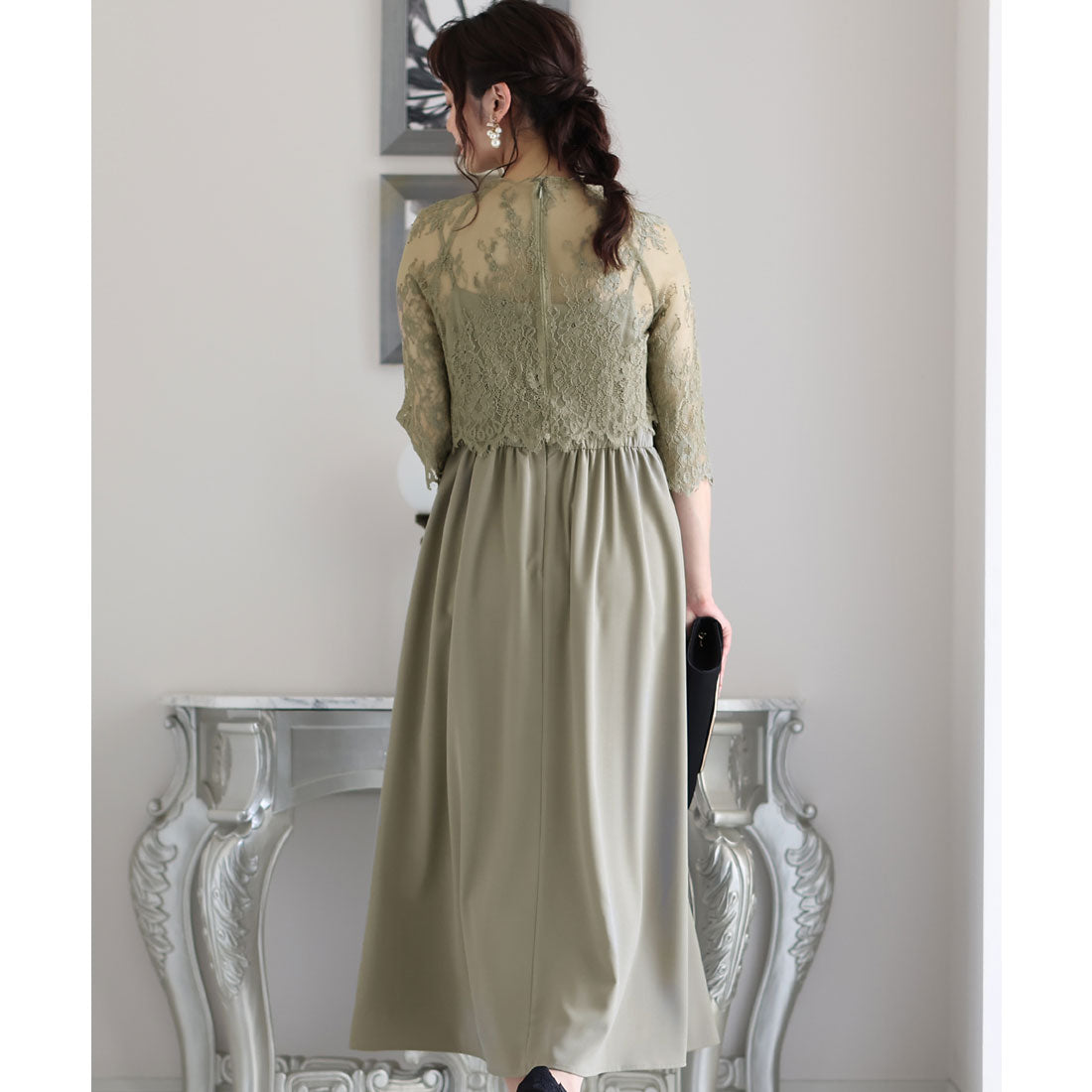 PourVous Mid-length &amp; 3/4 sleeve formal lace blouse with ceremonial wedding party dress One piece dress For 20s, 30s, 40s