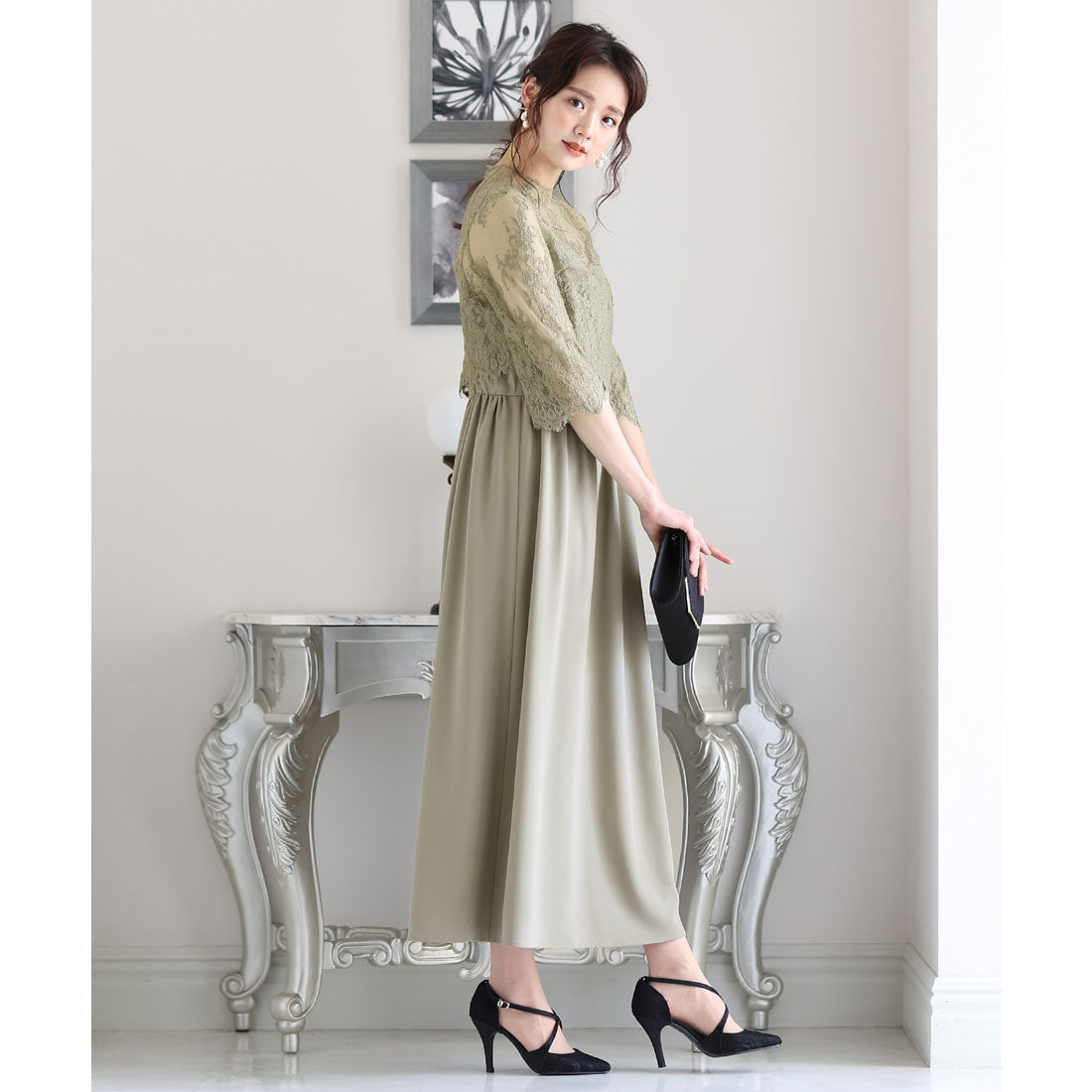 PourVous Mid-length &amp; 3/4 sleeve formal lace blouse with ceremonial wedding party dress One piece dress For 20s, 30s, 40s