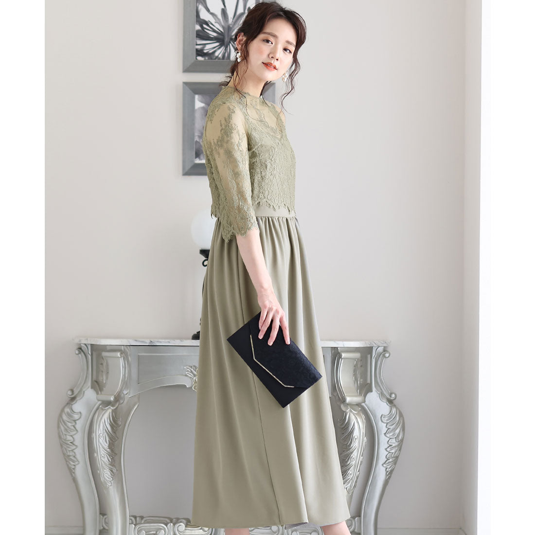 PourVous Mid-length &amp; 3/4 sleeve formal lace blouse with ceremonial wedding party dress One piece dress For 20s, 30s, 40s