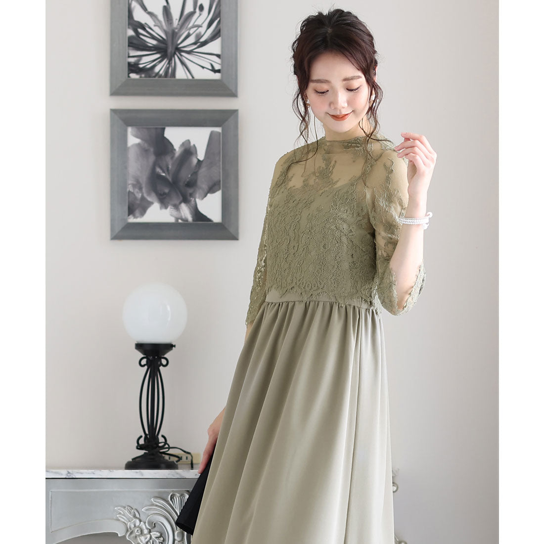 PourVous Mid-length &amp; 3/4 sleeve formal lace blouse with ceremonial wedding party dress One piece dress For 20s, 30s, 40s