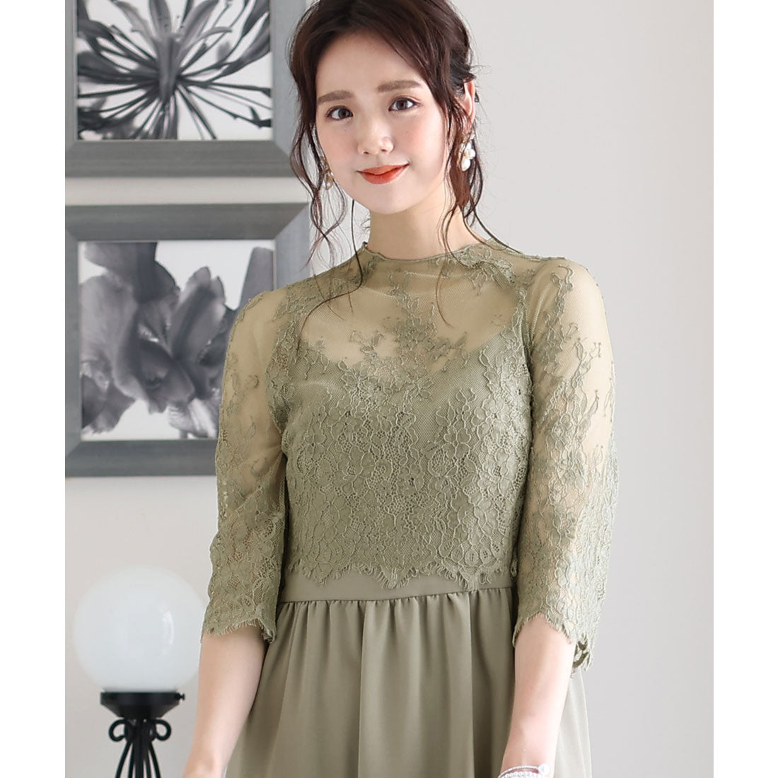 PourVous Mid-length &amp; 3/4 sleeve formal lace blouse with ceremonial wedding party dress One piece dress For 20s, 30s, 40s