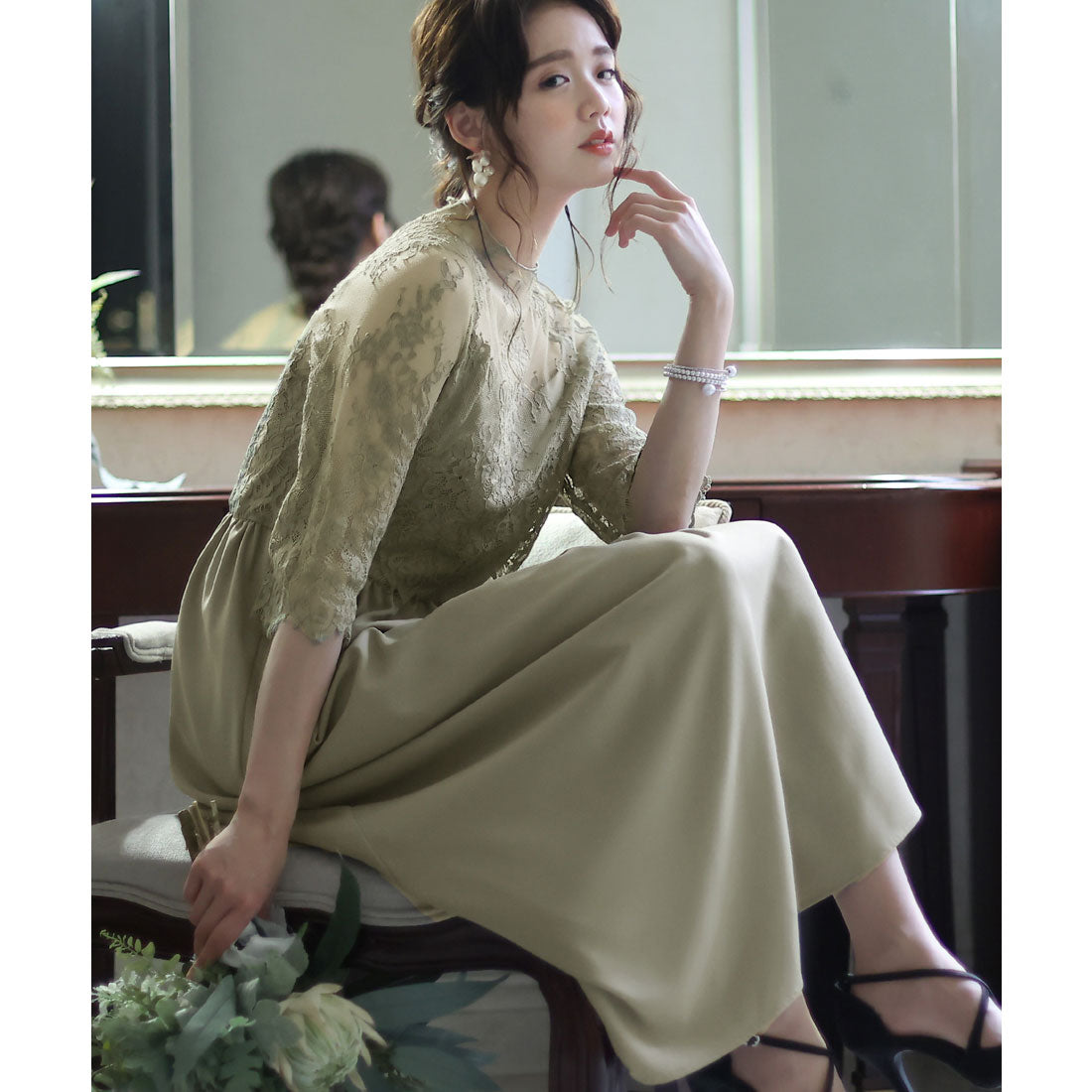 PourVous Mid-length &amp; 3/4 sleeve formal lace blouse with ceremonial wedding party dress One piece dress For 20s, 30s, 40s