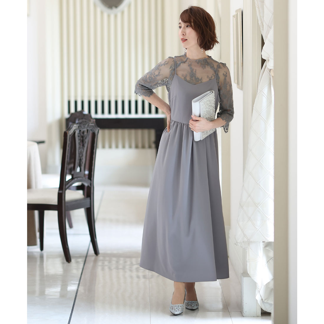 PourVous Mid-length &amp; 3/4 sleeve formal lace blouse with ceremonial wedding party dress One piece dress For 20s, 30s, 40s