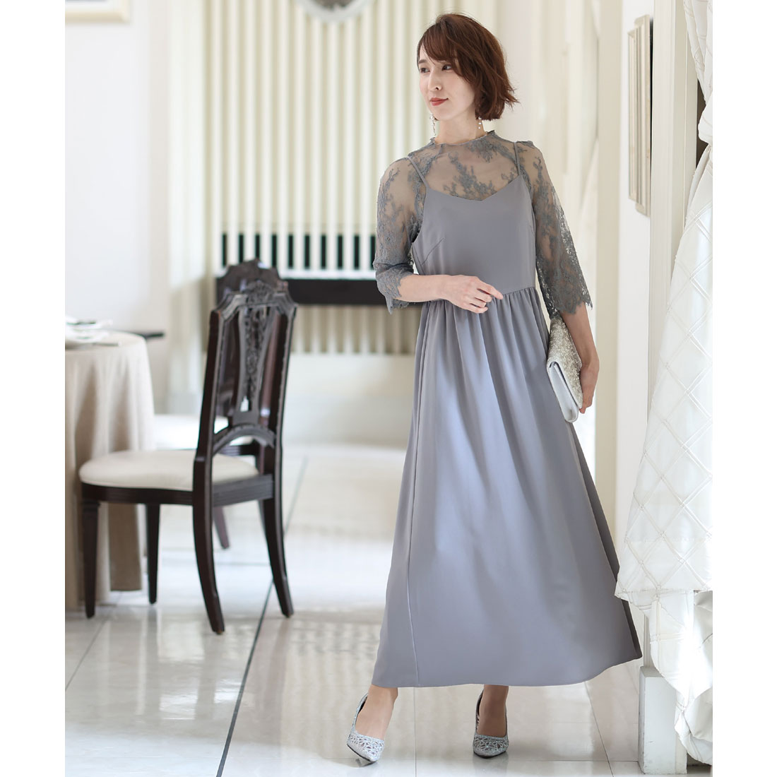 PourVous Mid-length &amp; 3/4 sleeve formal lace blouse with ceremonial wedding party dress One piece dress For 20s, 30s, 40s