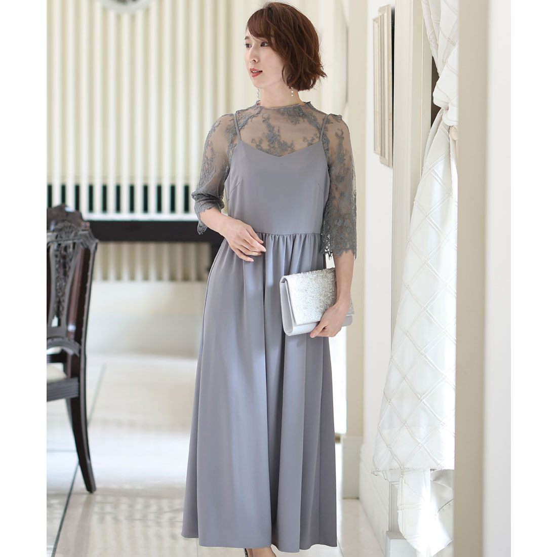 PourVous Mid-length &amp; 3/4 sleeve formal lace blouse with ceremonial wedding party dress One piece dress For 20s, 30s, 40s