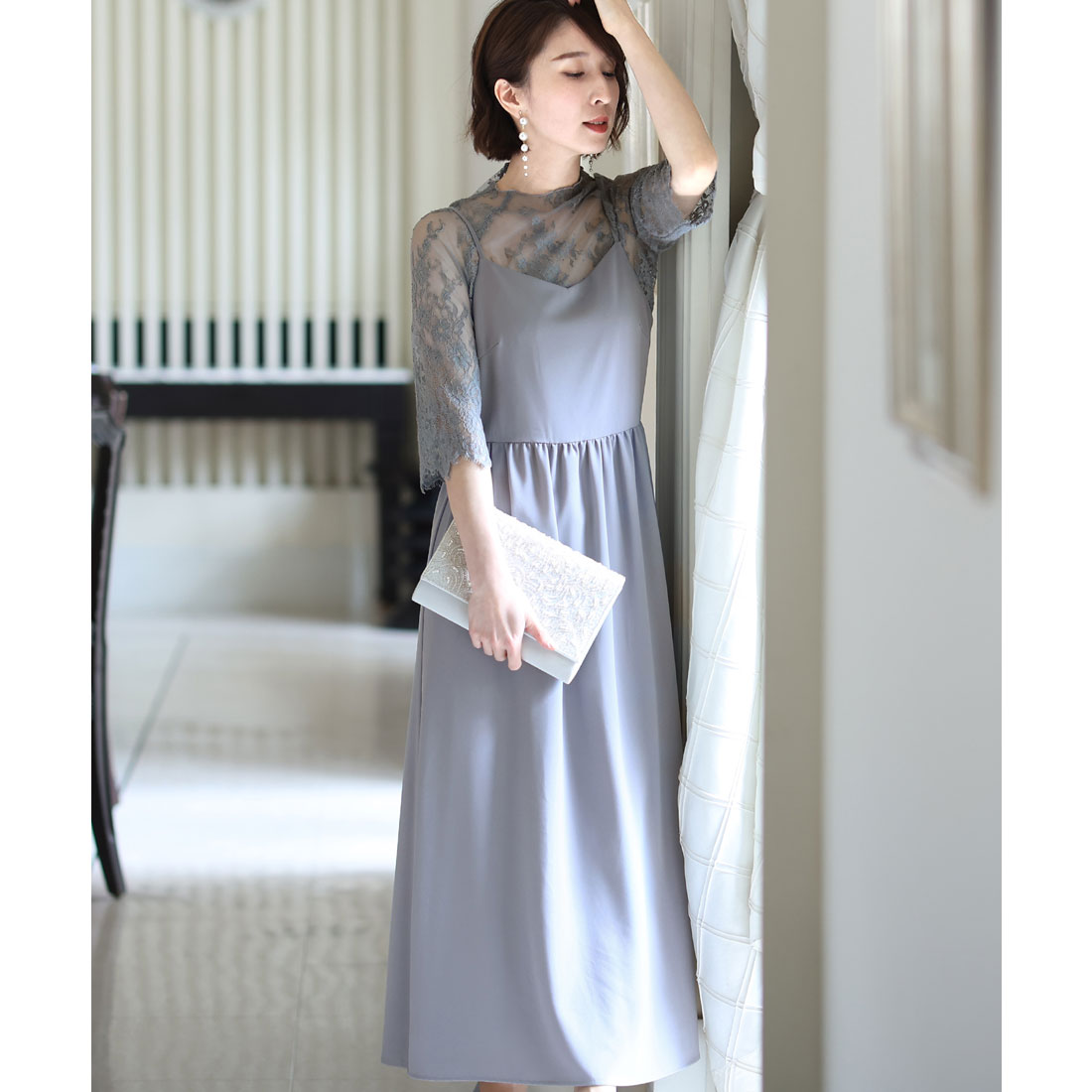 PourVous Mid-length &amp; 3/4 sleeve formal lace blouse with ceremonial wedding party dress One piece dress For 20s, 30s, 40s