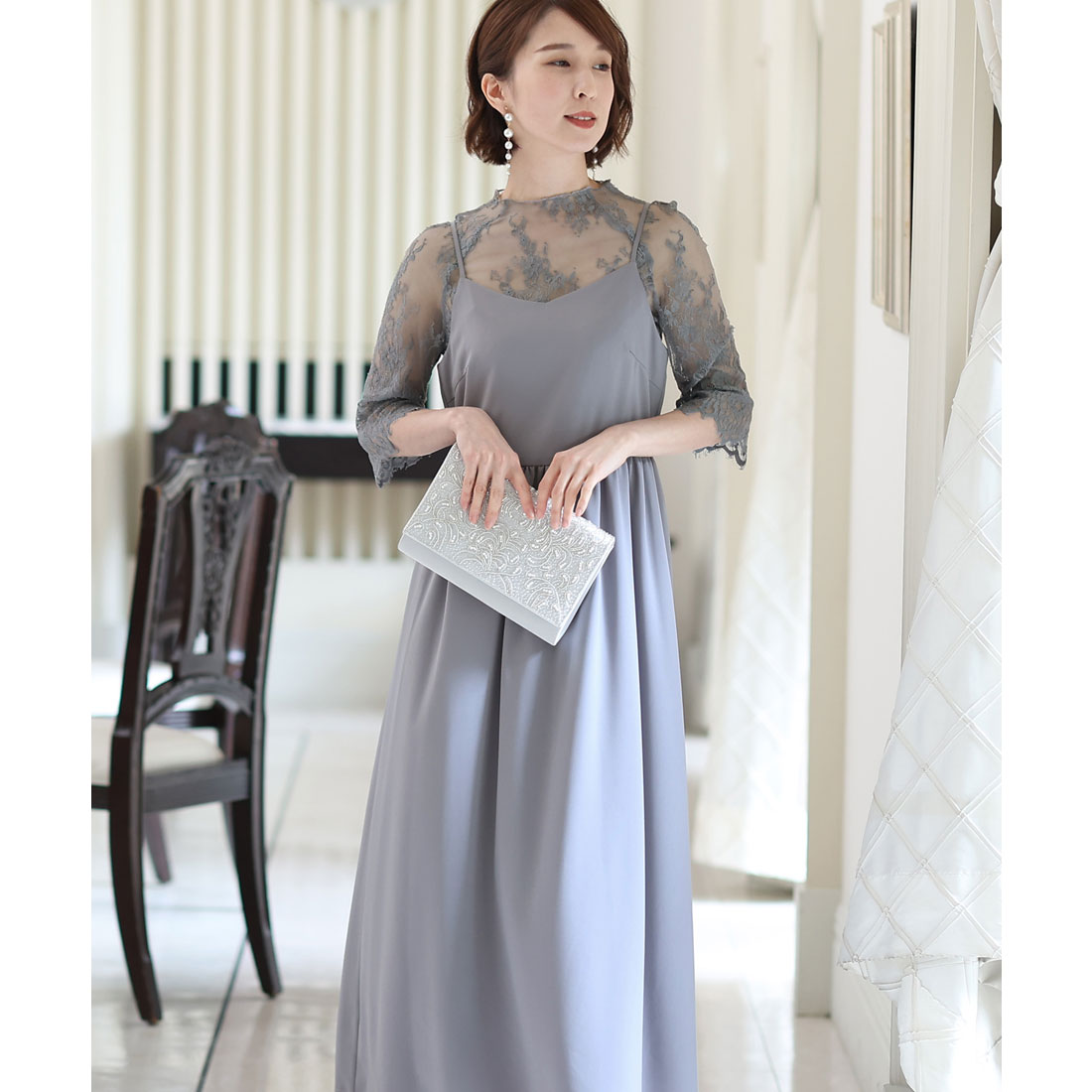 PourVous Mid-length &amp; 3/4 sleeve formal lace blouse with ceremonial wedding party dress One piece dress For 20s, 30s, 40s