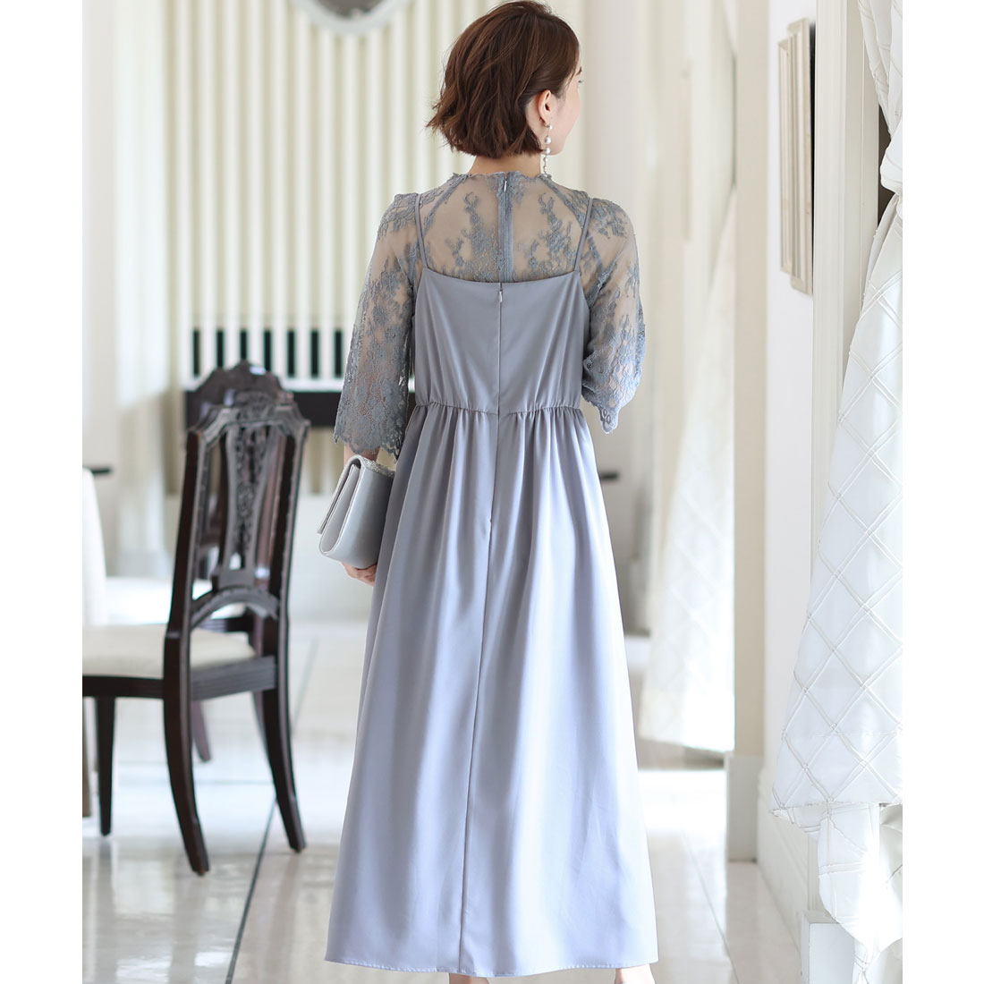 PourVous Mid-length &amp; 3/4 sleeve formal lace blouse with ceremonial wedding party dress One piece dress For 20s, 30s, 40s