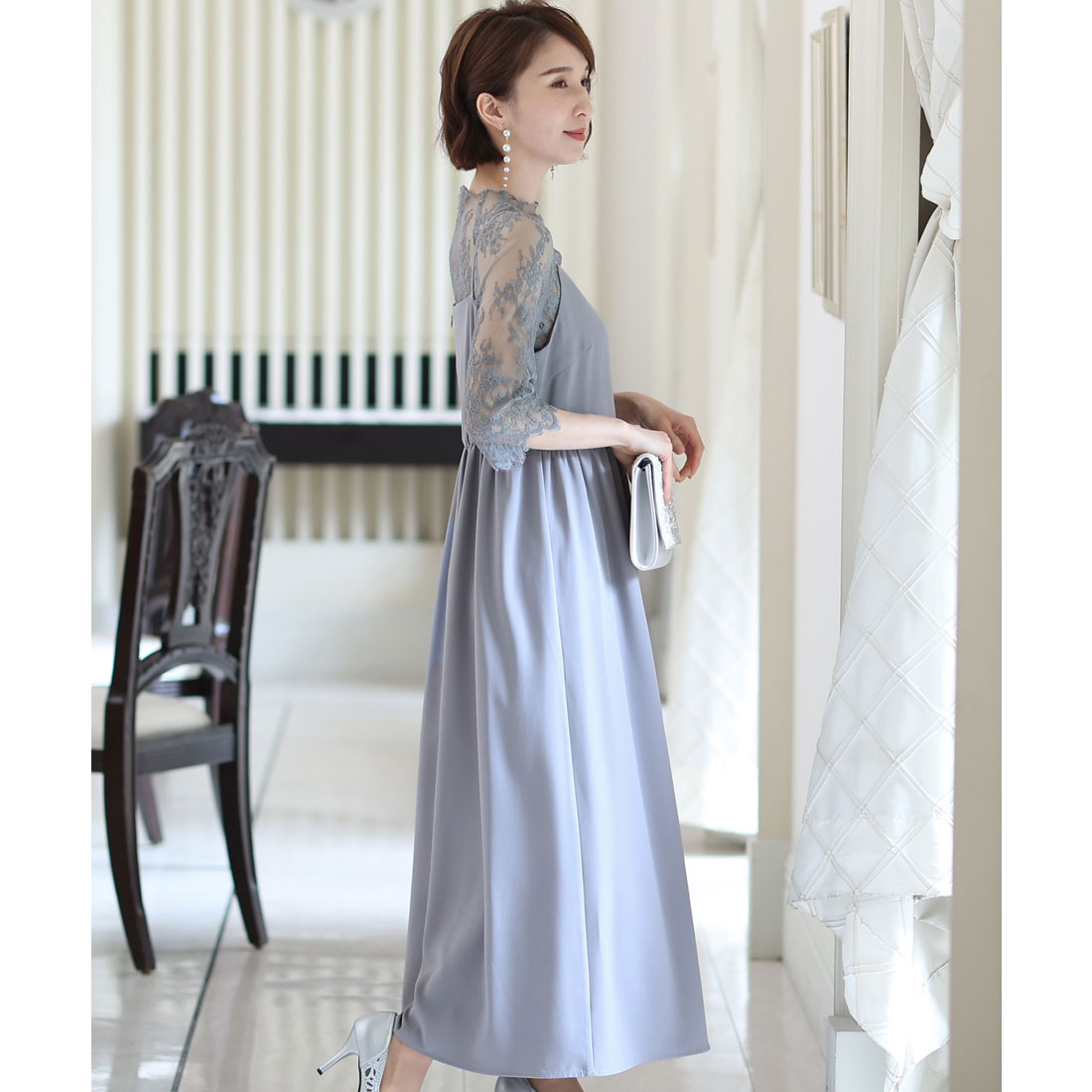 PourVous Mid-length &amp; 3/4 sleeve formal lace blouse with ceremonial wedding party dress One piece dress For 20s, 30s, 40s