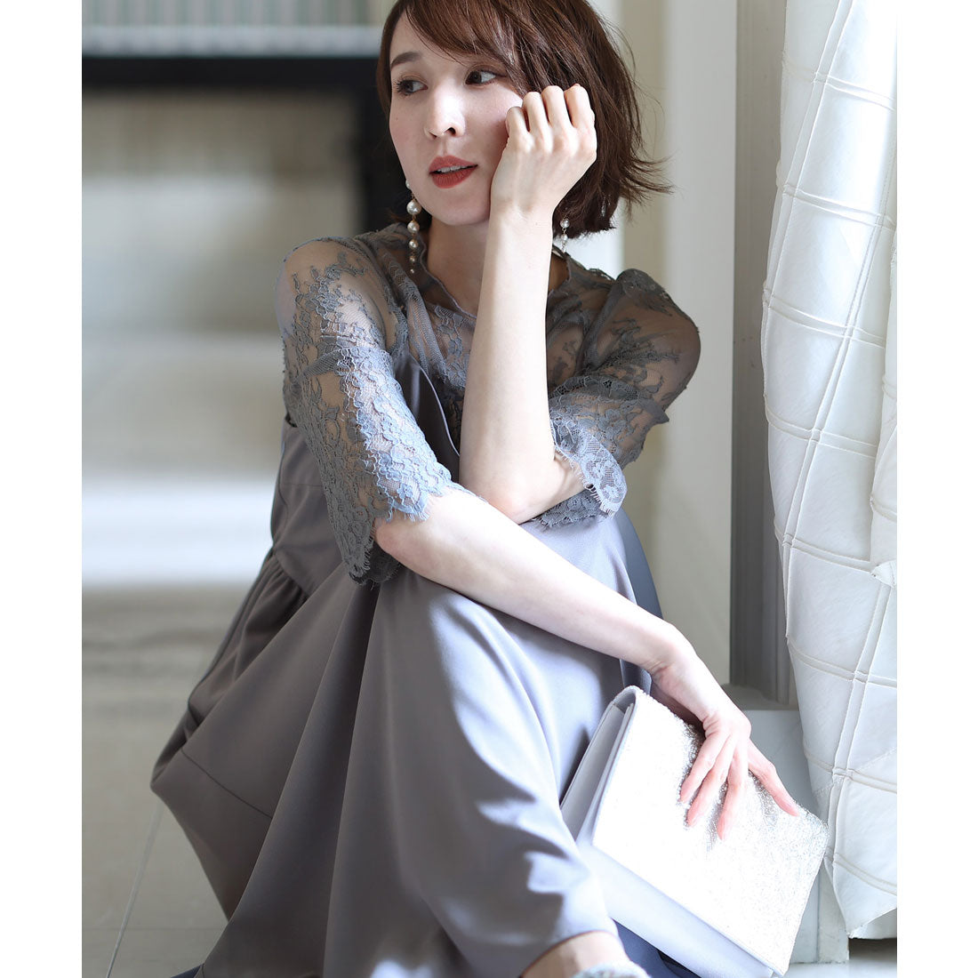 PourVous Mid-length &amp; 3/4 sleeve formal lace blouse with ceremonial wedding party dress One piece dress For 20s, 30s, 40s