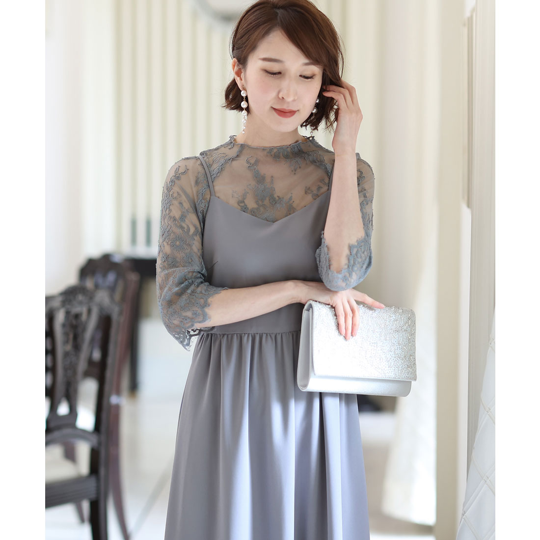 PourVous Mid-length &amp; 3/4 sleeve formal lace blouse with ceremonial wedding party dress One piece dress For 20s, 30s, 40s