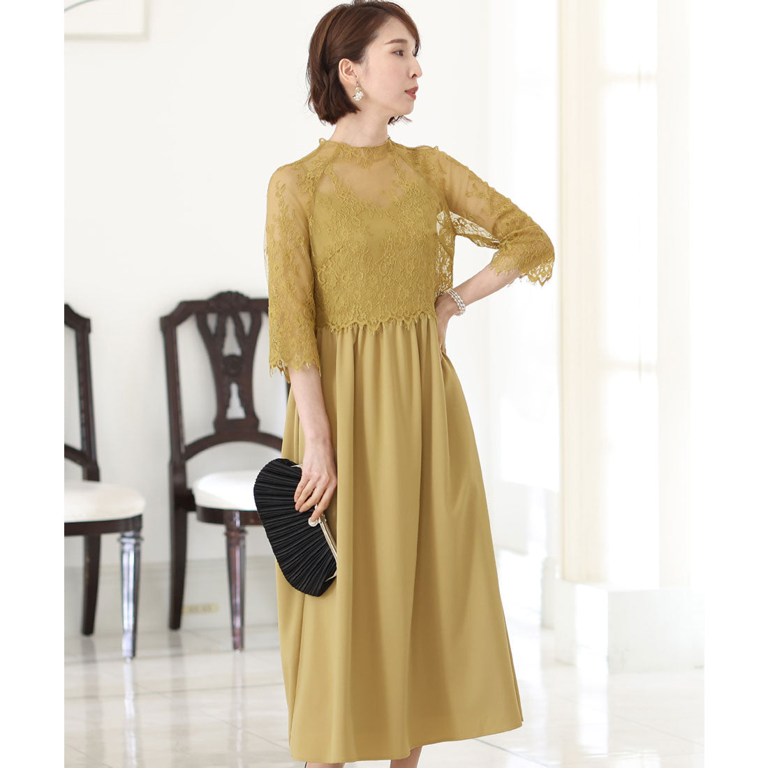 PourVous Mid-length &amp; 3/4 sleeve formal lace blouse with ceremonial wedding party dress One piece dress For 20s, 30s, 40s