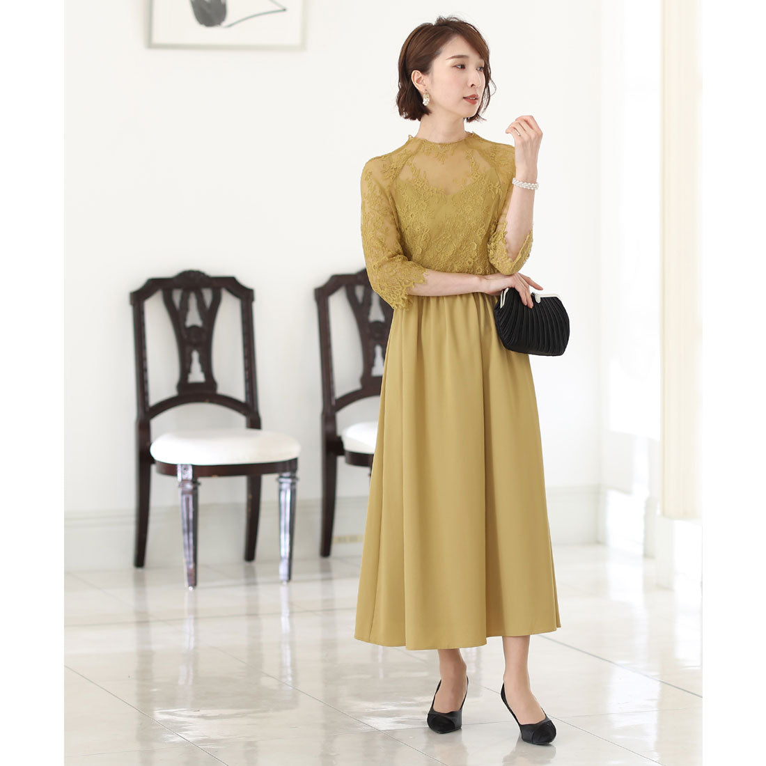 PourVous Mid-length &amp; 3/4 sleeve formal lace blouse with ceremonial wedding party dress One piece dress For 20s, 30s, 40s