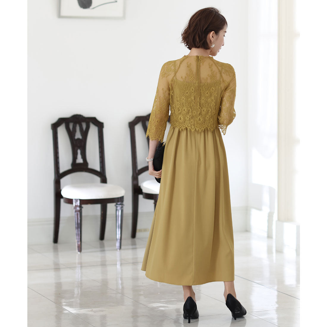 PourVous Mid-length &amp; 3/4 sleeve formal lace blouse with ceremonial wedding party dress One piece dress For 20s, 30s, 40s