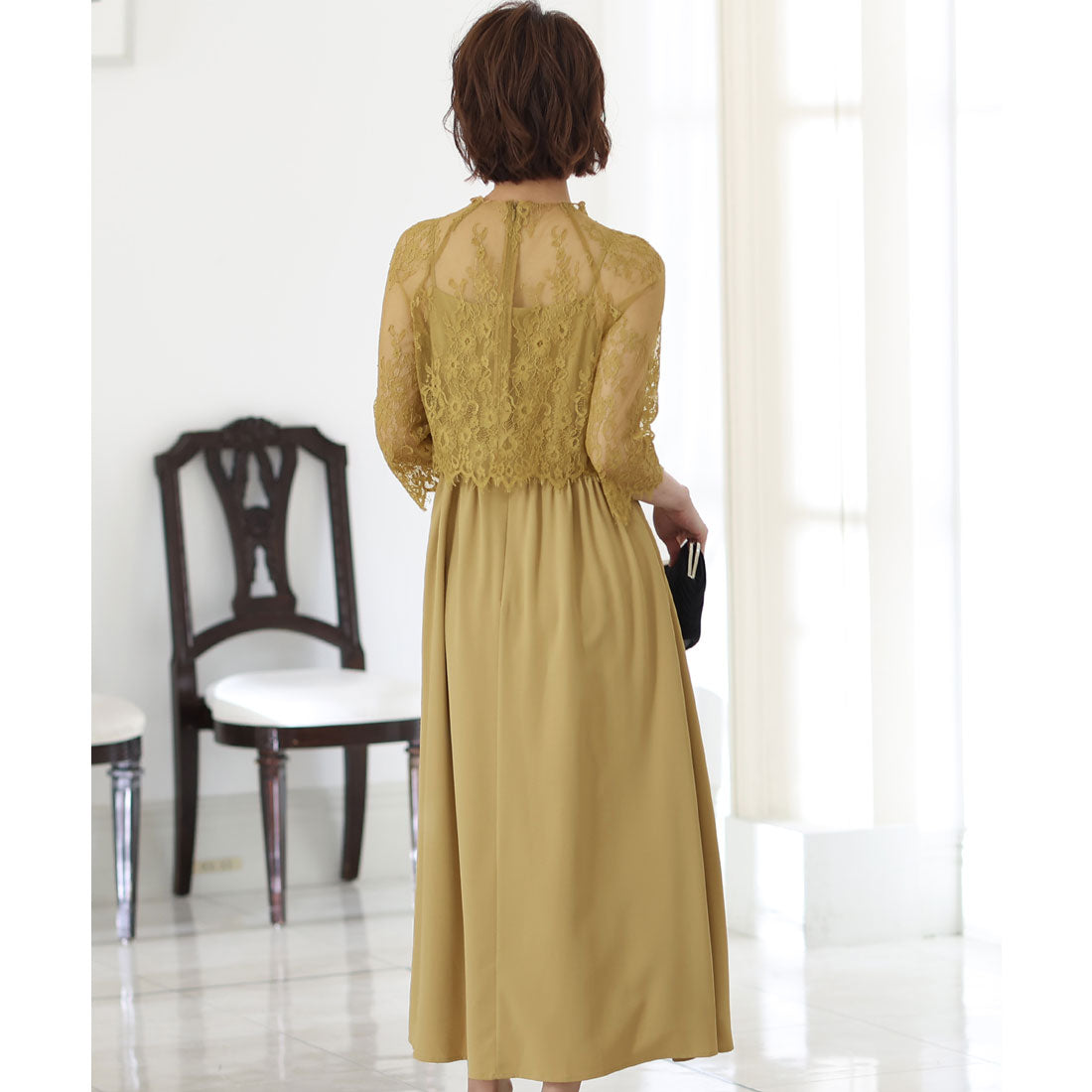 PourVous Mid-length &amp; 3/4 sleeve formal lace blouse with ceremonial wedding party dress One piece dress For 20s, 30s, 40s
