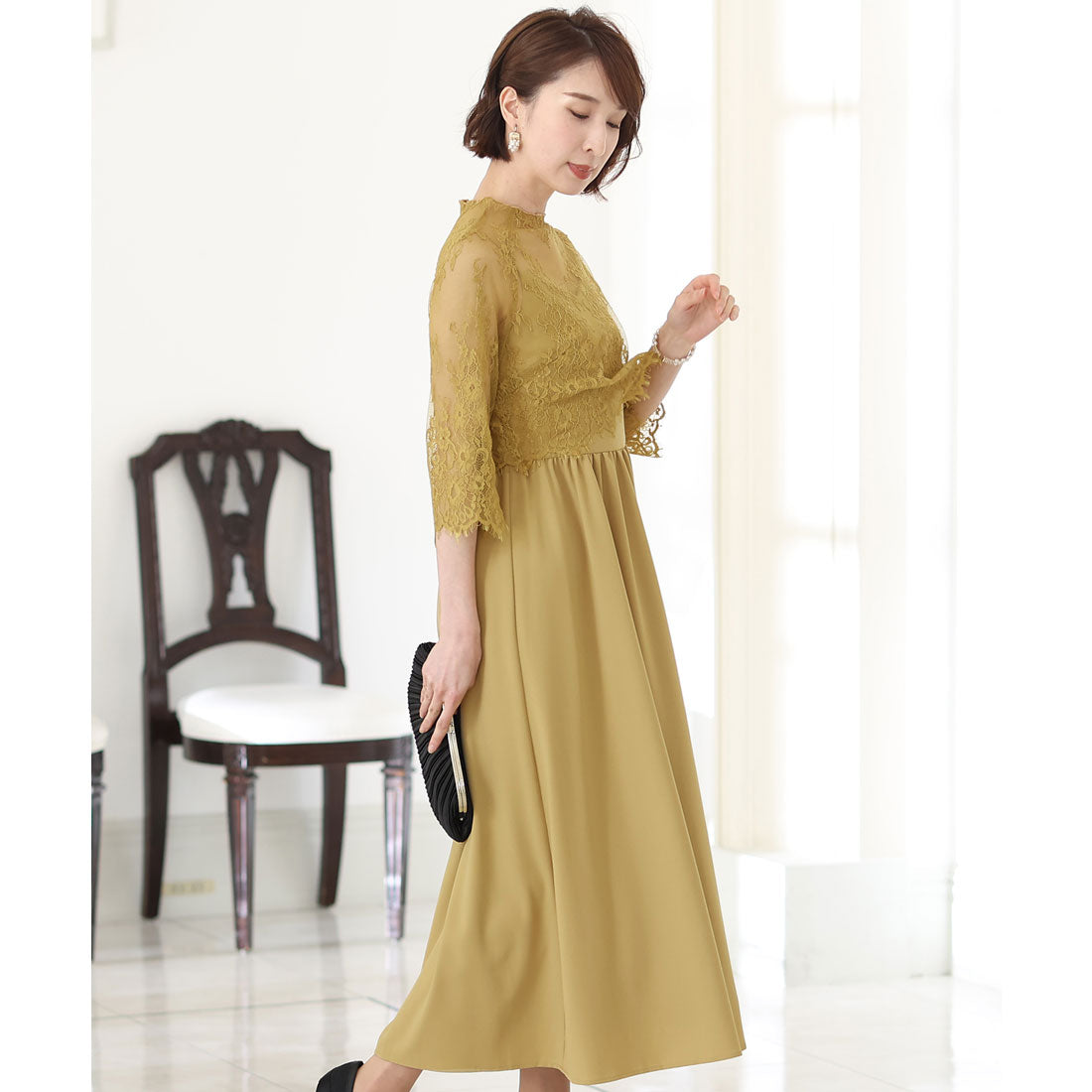 PourVous Mid-length &amp; 3/4 sleeve formal lace blouse with ceremonial wedding party dress One piece dress For 20s, 30s, 40s