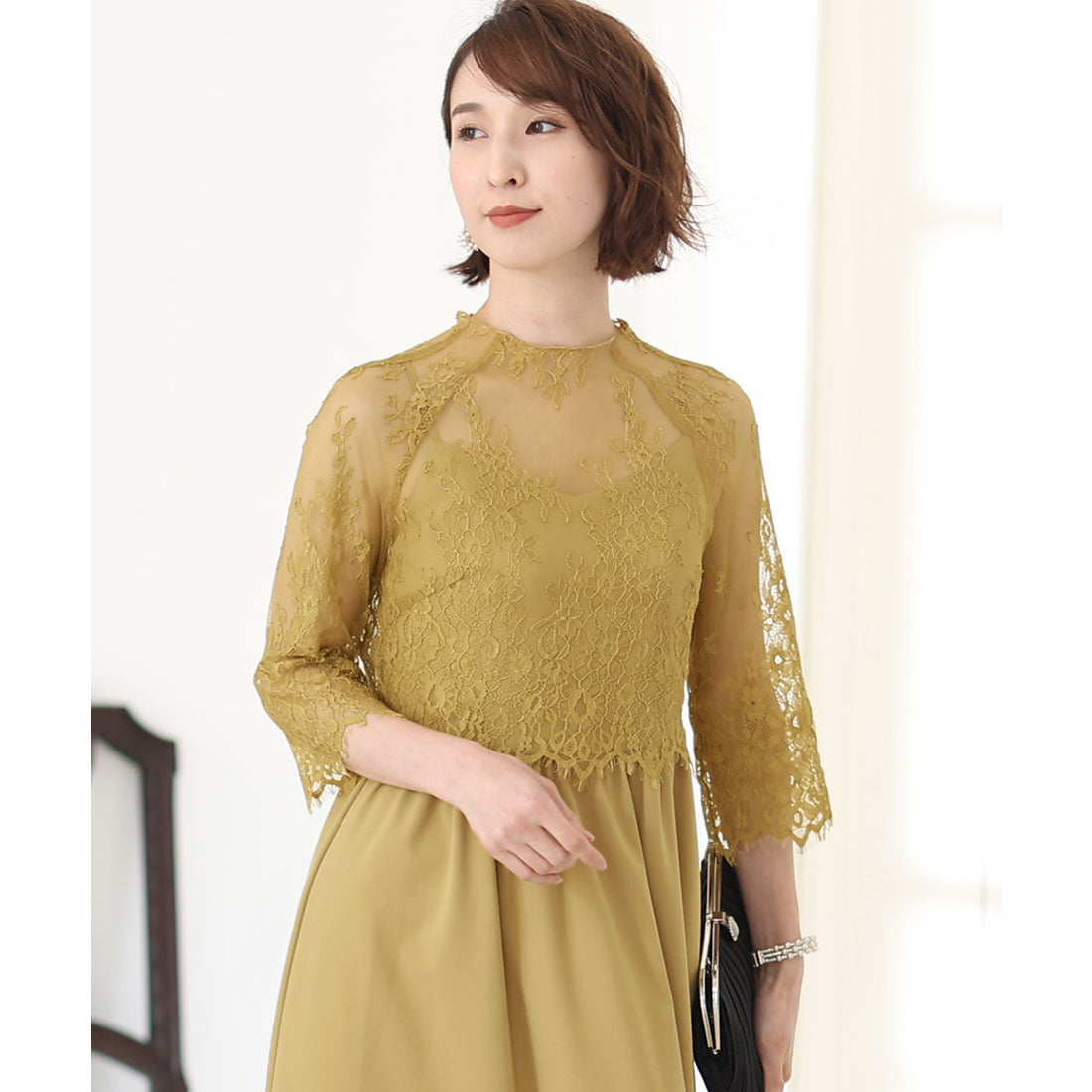 PourVous Mid-length &amp; 3/4 sleeve formal lace blouse with ceremonial wedding party dress One piece dress For 20s, 30s, 40s