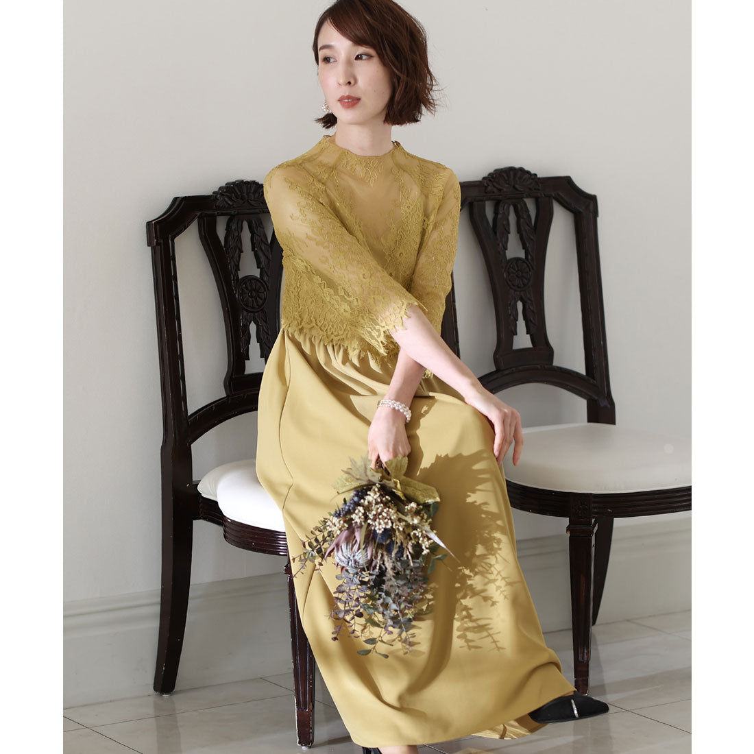 PourVous Mid-length &amp; 3/4 sleeve formal lace blouse with ceremonial wedding party dress One piece dress For 20s, 30s, 40s
