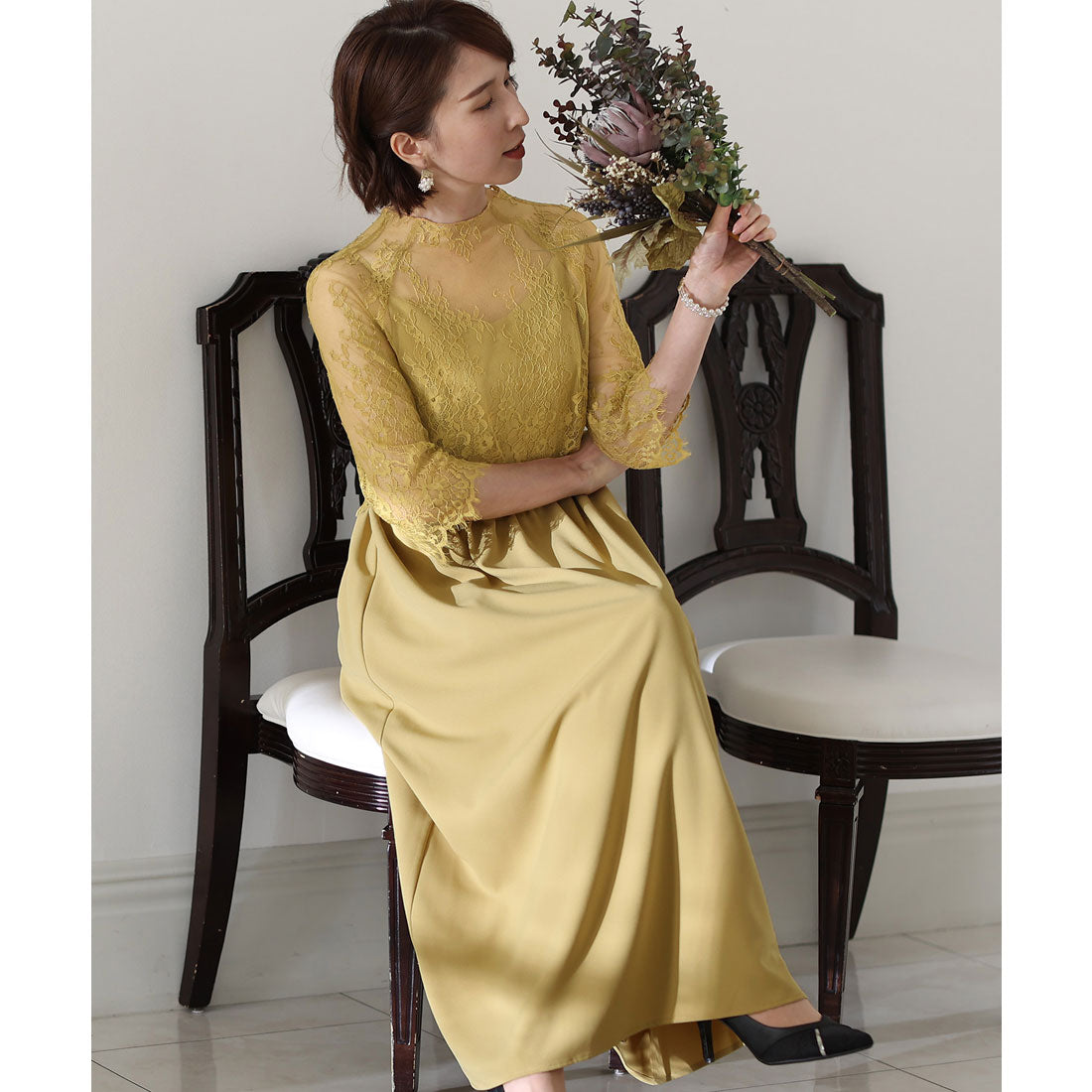 PourVous Mid-length &amp; 3/4 sleeve formal lace blouse with ceremonial wedding party dress One piece dress For 20s, 30s, 40s