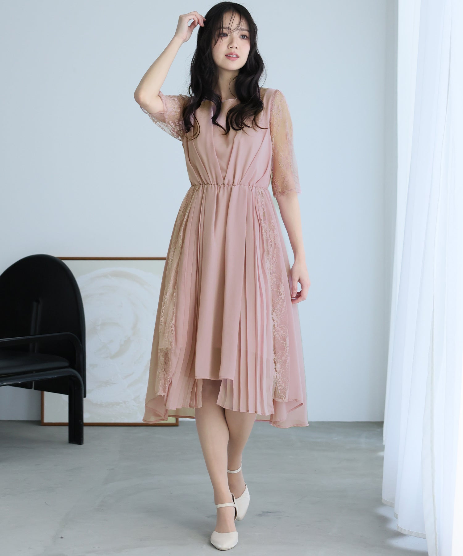 プールヴー PourVous ロング&七分袖フォーマルアシンメトリー大きいサイズ結婚式ワンピースドレス パーティードレス 20代 30代 40代 （ピンク） ピンク