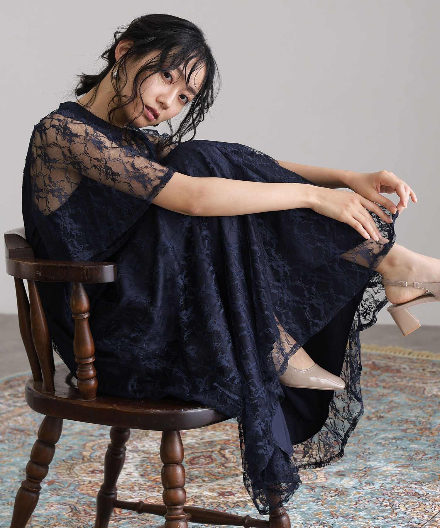 プールヴー PourVous ミモレ丈&袖ありフォーマル総レース大きいサイズ結婚式パーティードレス ワンピース 20代 30代 40代