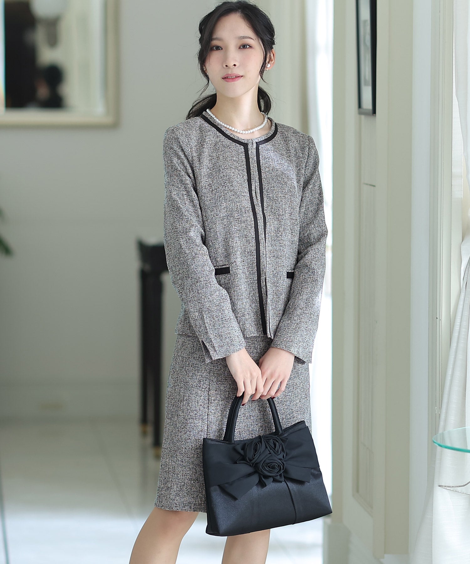 プールヴー PourVous ツィードノーカラースカートスーツ