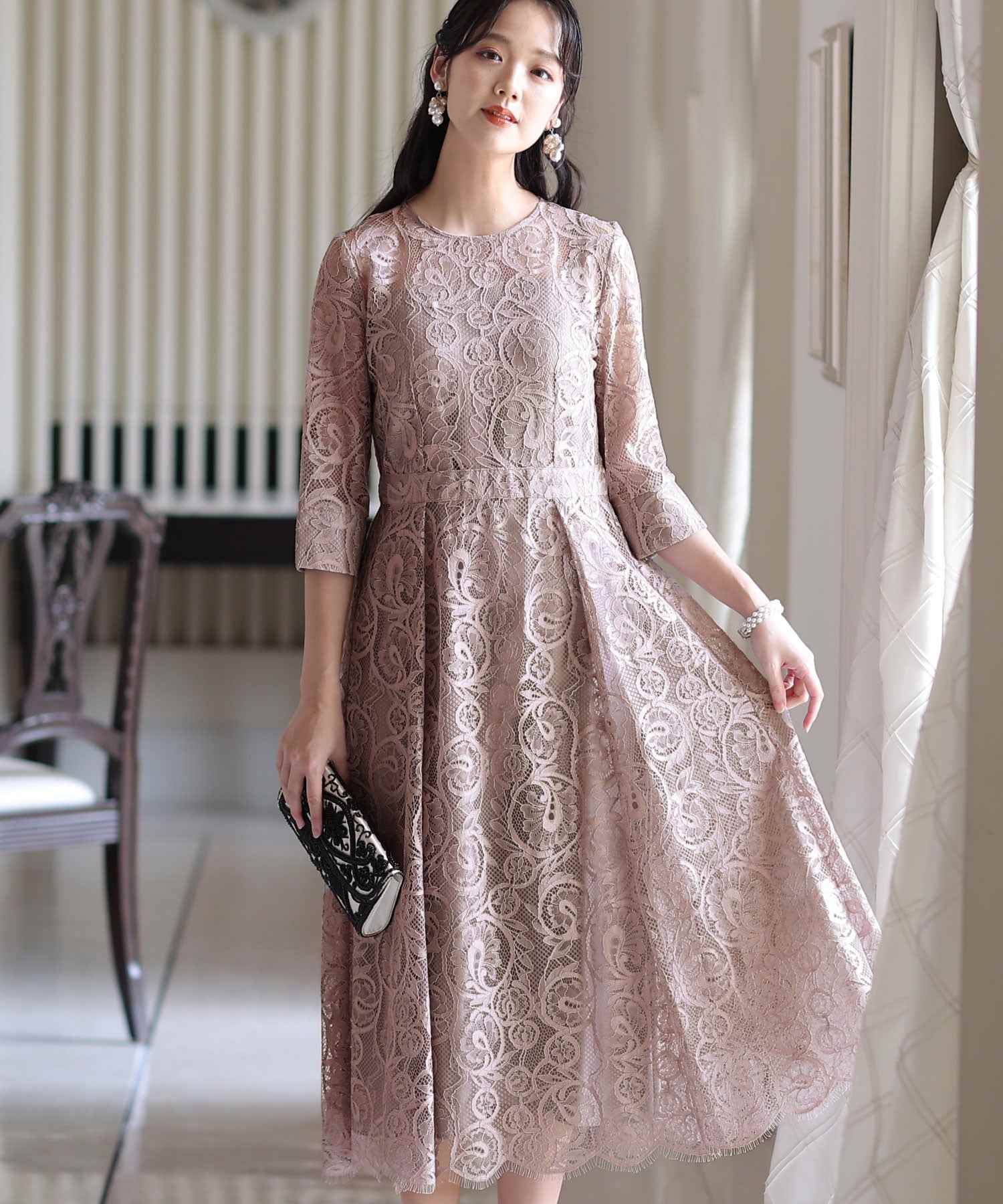 PourVous 3/4 Sleeve & Mid-Length Party Dress with Back Ribbon for Weddings and Formal Wear, Dress for Women in Their 20s, 30s, and 40s