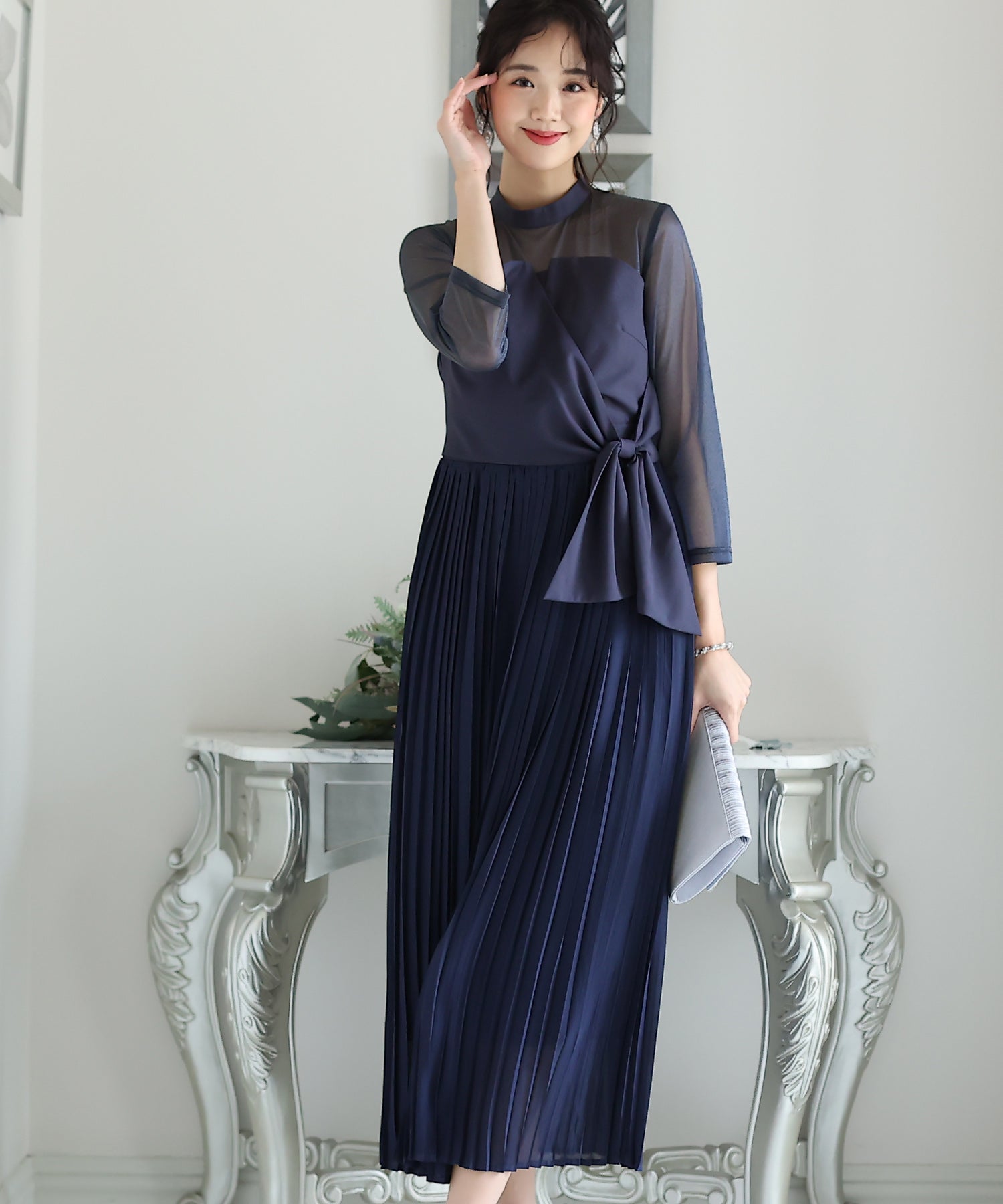 プールヴー PourVous ミモレ丈&七分袖フォーマルビスチェセレモニー結婚式パーティードレス ワンピース 20代 30代 40代 （ネイビー） ネイビー