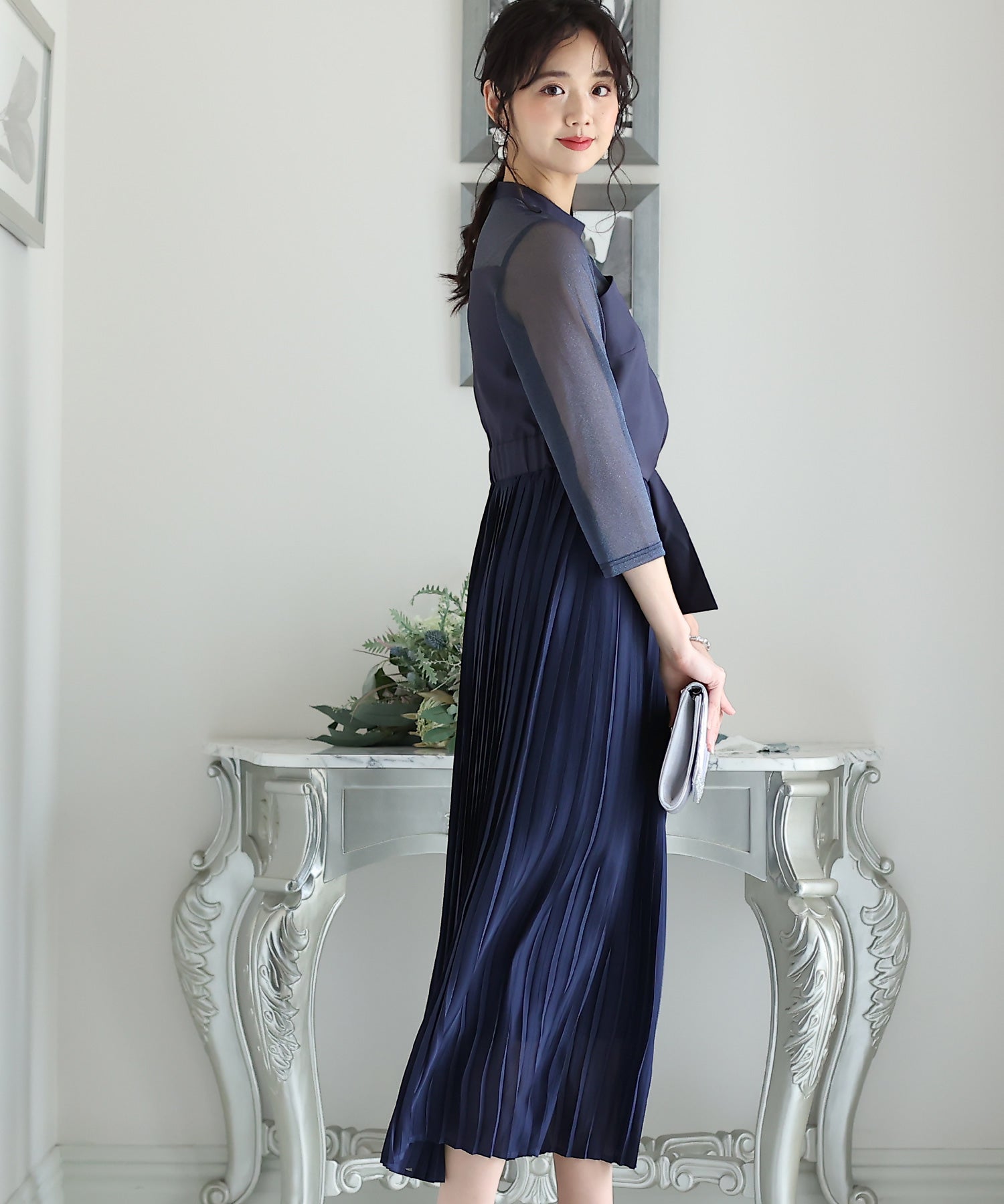 プールヴー PourVous ミモレ丈&七分袖フォーマルビスチェセレモニー結婚式パーティードレス ワンピース 20代 30代 40代 （ネイビー） ネイビー